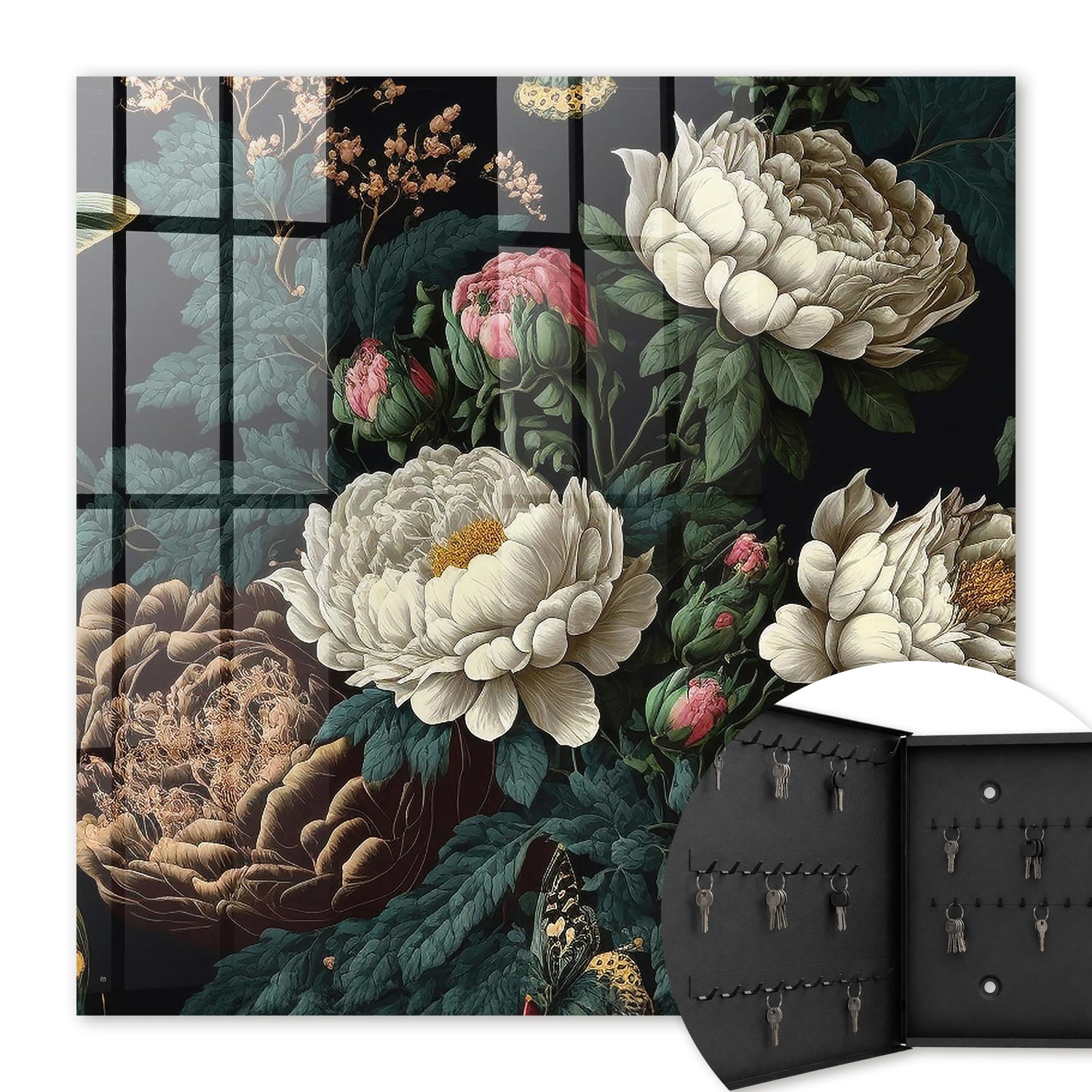 Armoire À Clés - (30 Cm X 30 Cm) - Boîte À Clés Murale - Coffret De Rangement Pour Clés - Couleur Noire - Ouverture Vers La Gauche - Pour Maison Et Bureau - Fleurs De Pivoine
