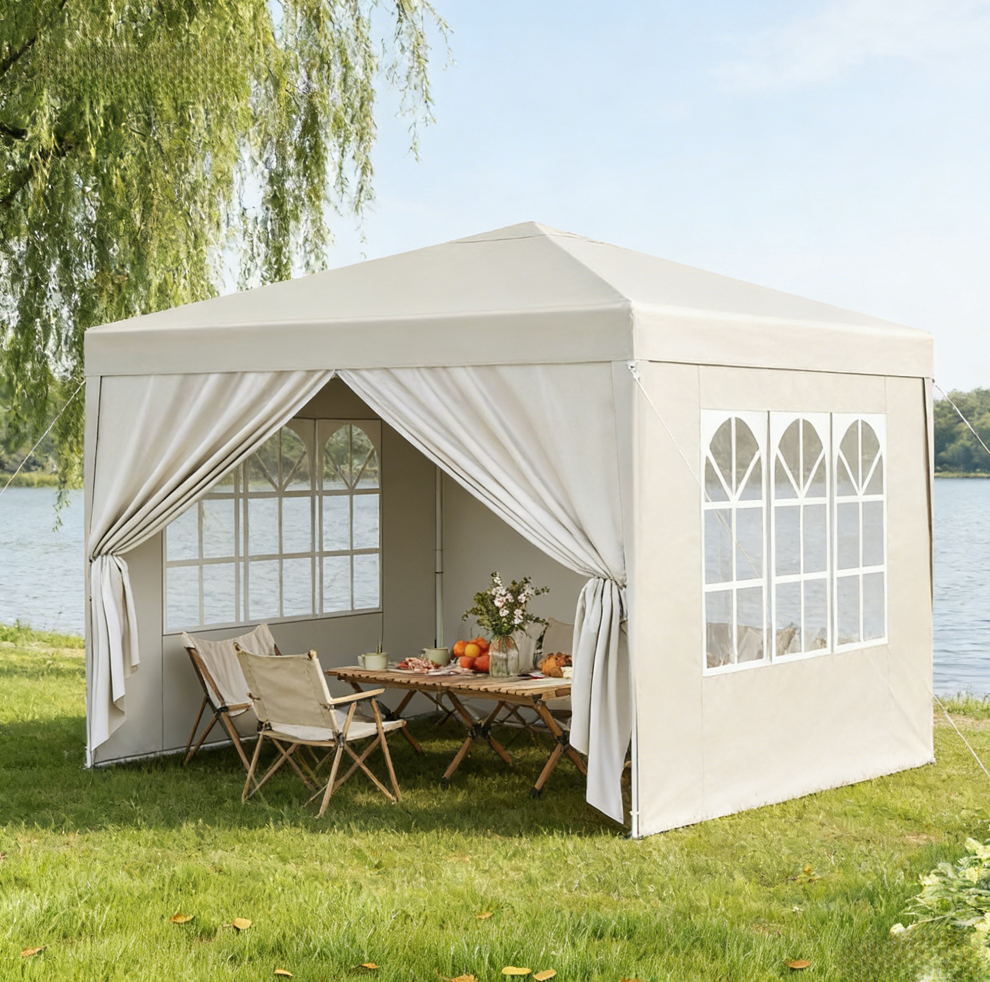 Tonnelle De Jardin 3 X 3 M Beige, Structure En Fer, Toit Oxford, Hauteur 260 Cm, Redom