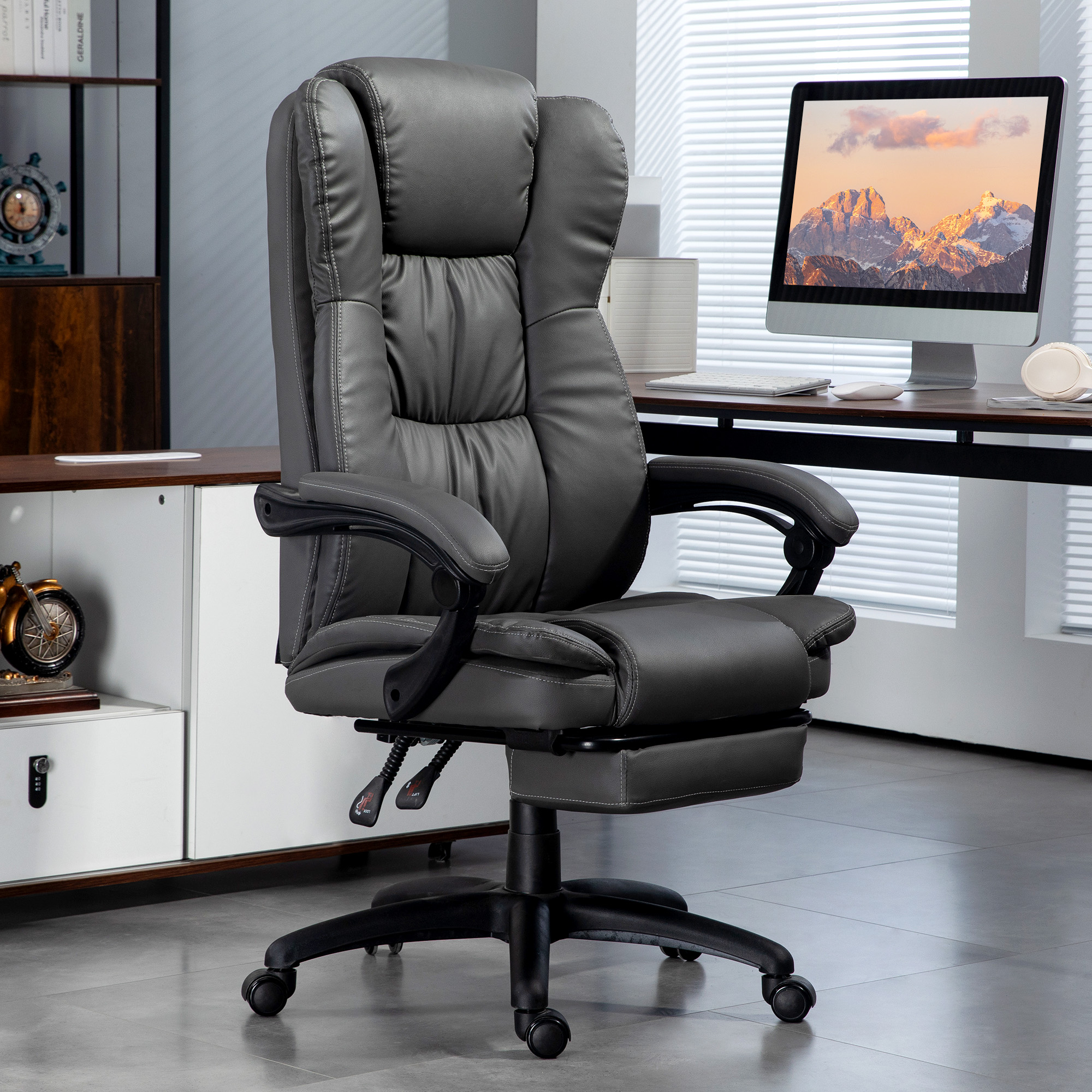 Chaise De Bureau Ergonomique En Similicuir Gris Foncé, Avec Repose-pieds, Dossier Inclinable