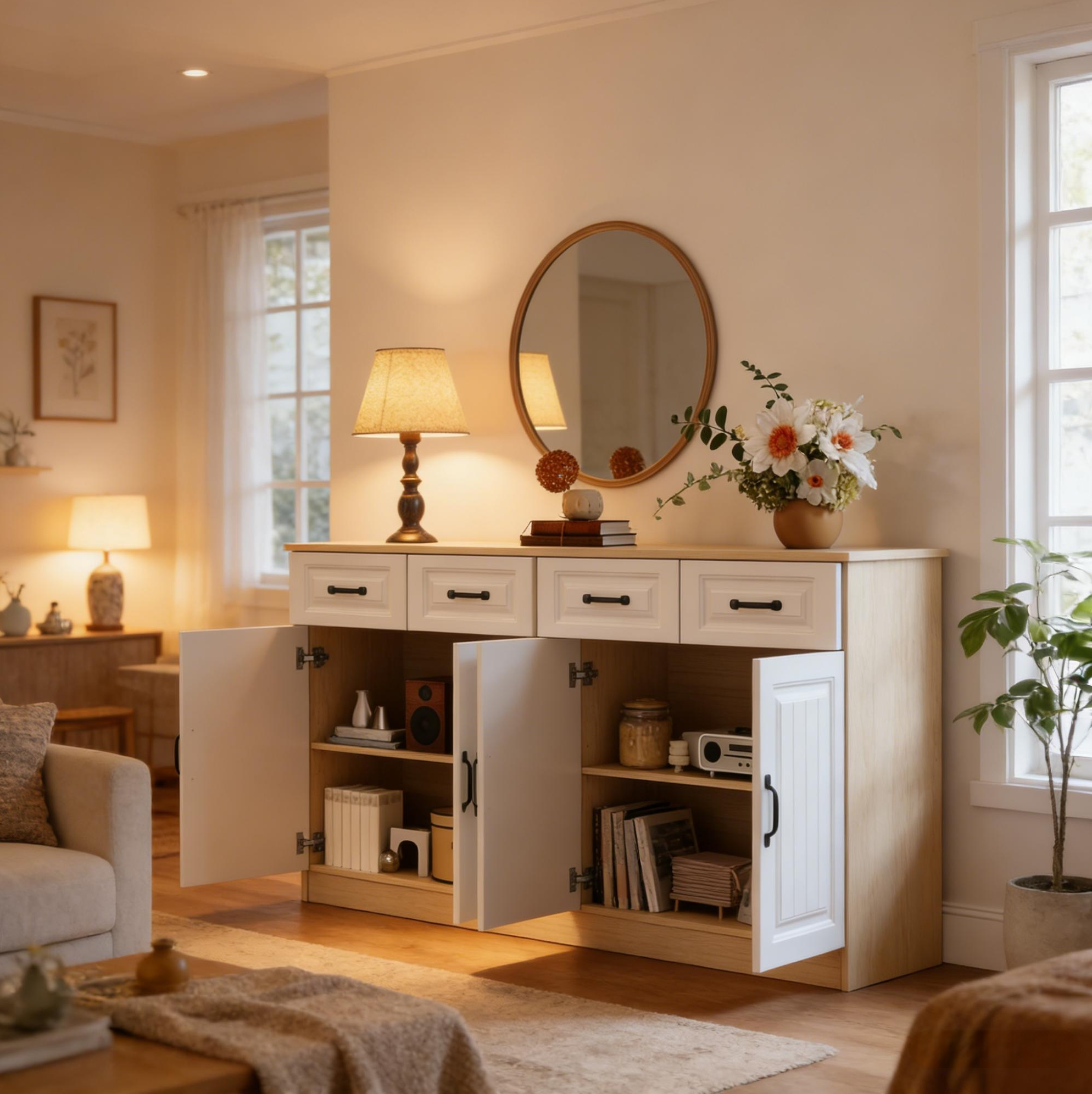 Buffet De Rangement 160 Cm Avec 4 Tiroirs Et 4 Portes, Mdf Blanc Et Naturel, Redom