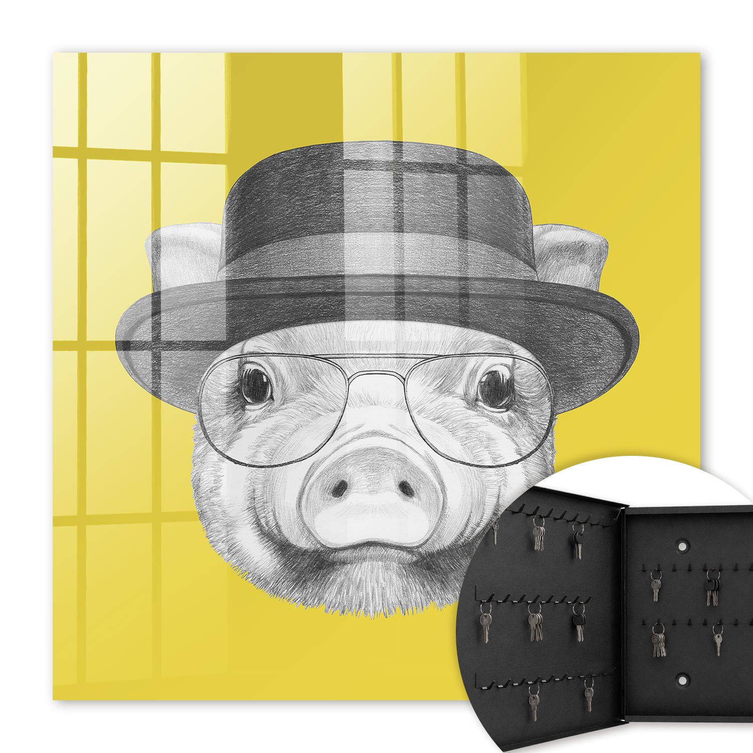 Armoire À Clés - (30 Cm X 30 Cm) - Boîte À Clés Murale - Coffret De Rangement Pour Clés - Couleur Noire - Ouverture Vers La Gauche - Pour Maison Et Bureau - Petit Cochon Heureux