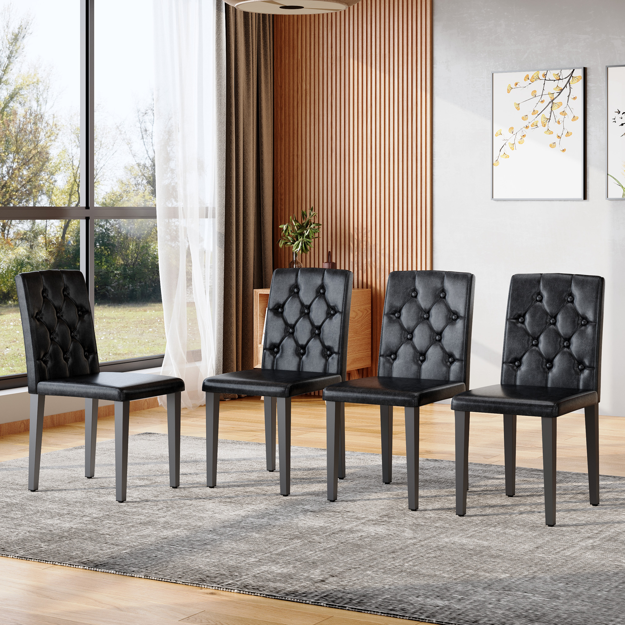 Redom - Lot De 4 Chaises De Salle À Manger, Dossier Capitonné À Losanges Avec Boutons, Tissu Aspect Velours Noir Rétro