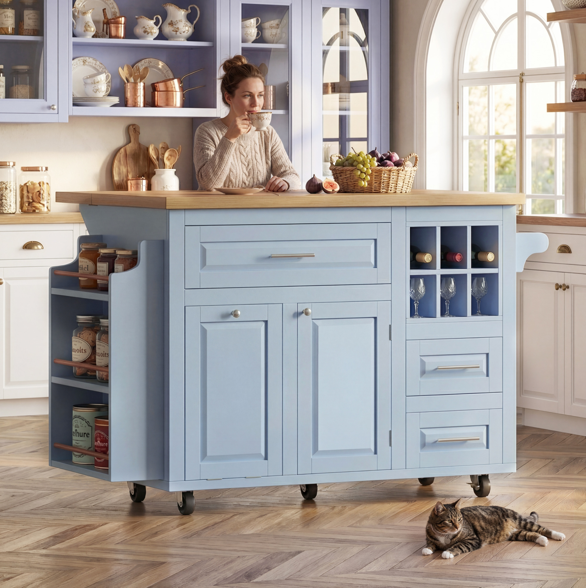 Redom - Desserte De Cuisine 143x75x91 Cm, Plan De Travail Rabattable, Tiroirs Et Porte Snacks Latéral, Mdf Bleu