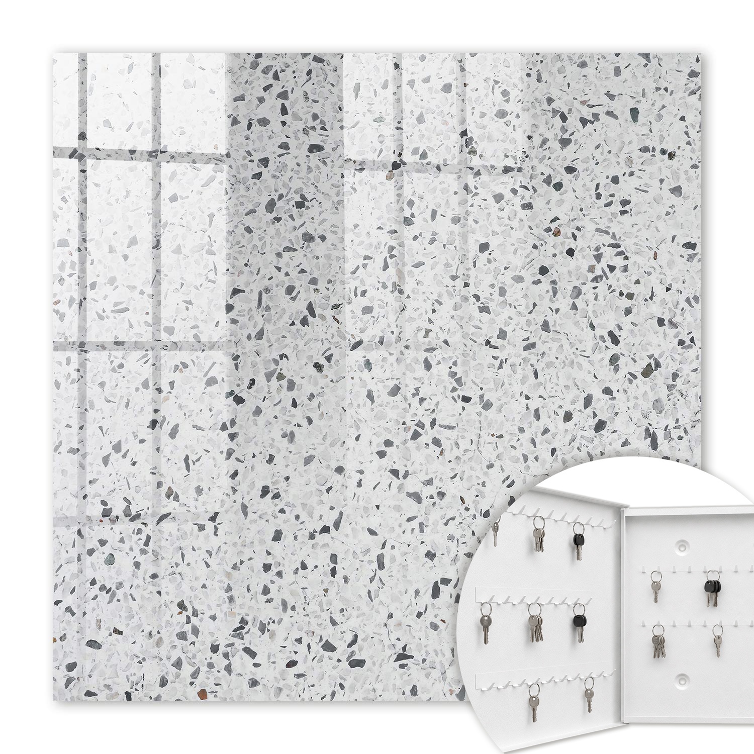 Armoire À Clés - (30 Cm X 30 Cm) - Boîte À Clés Murale - Coffret De Rangement Pour Clés - Couleur Blanche - Ouverture Vers La Gauche - Pour Maison Et Bureau - Style Terrazzo