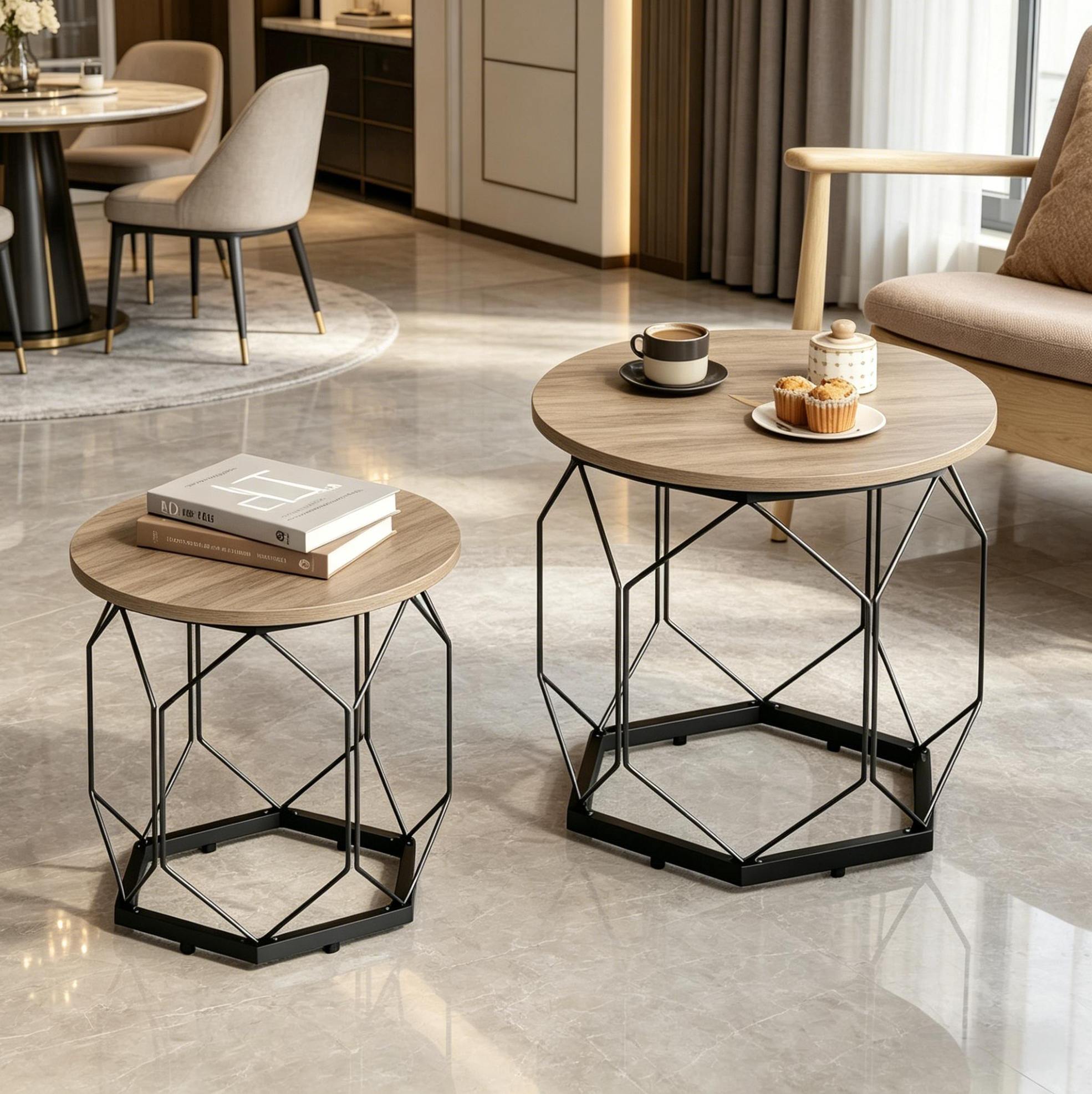Lot De 2 Tables Basses Rondes Avec Plateau Amovible, Bois Et Métal, Gris, Redom