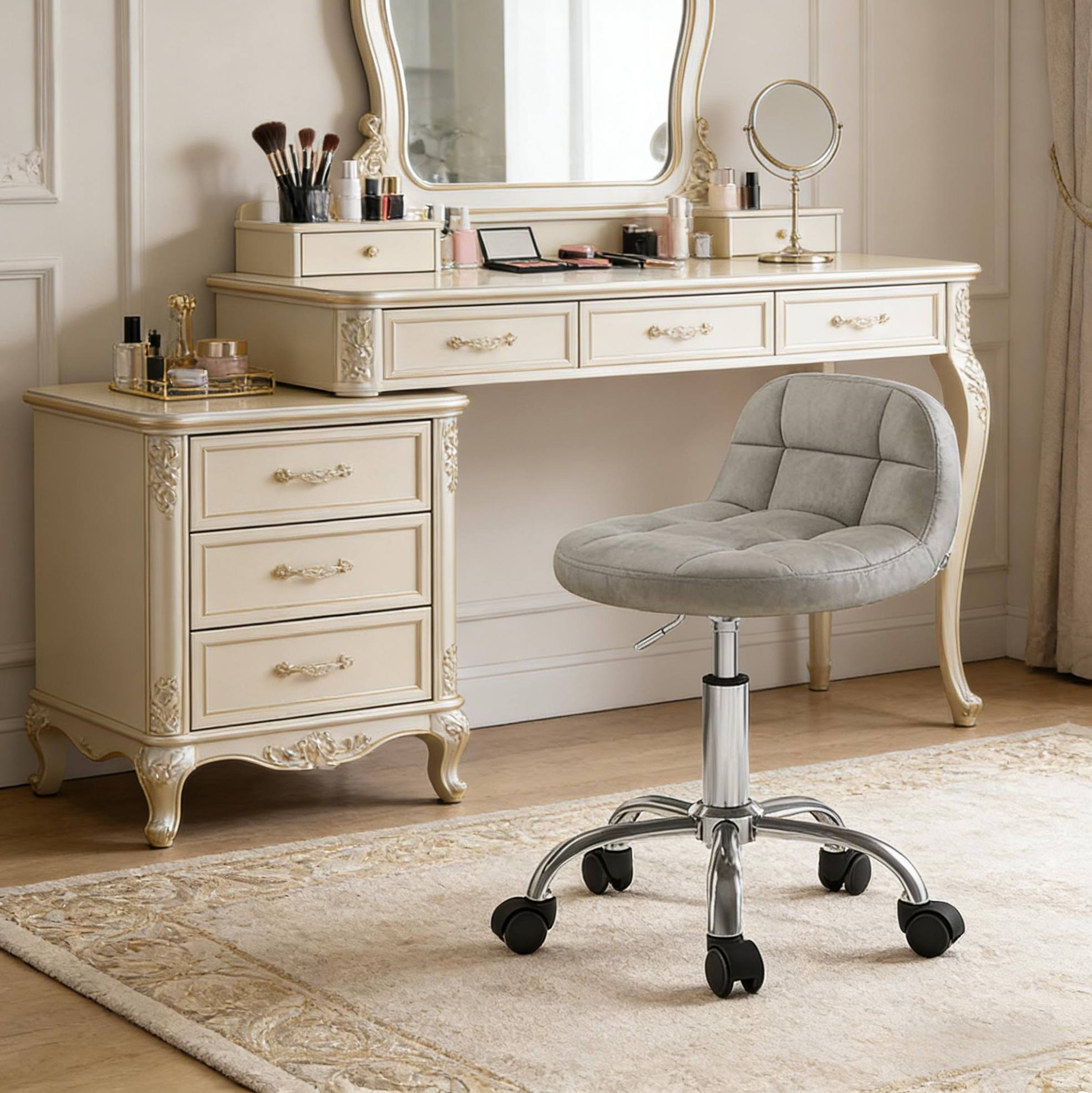 Chaise De Bureau Pivotante À Roulettes, Hauteur Réglable, Velours Gris Clair, Redom