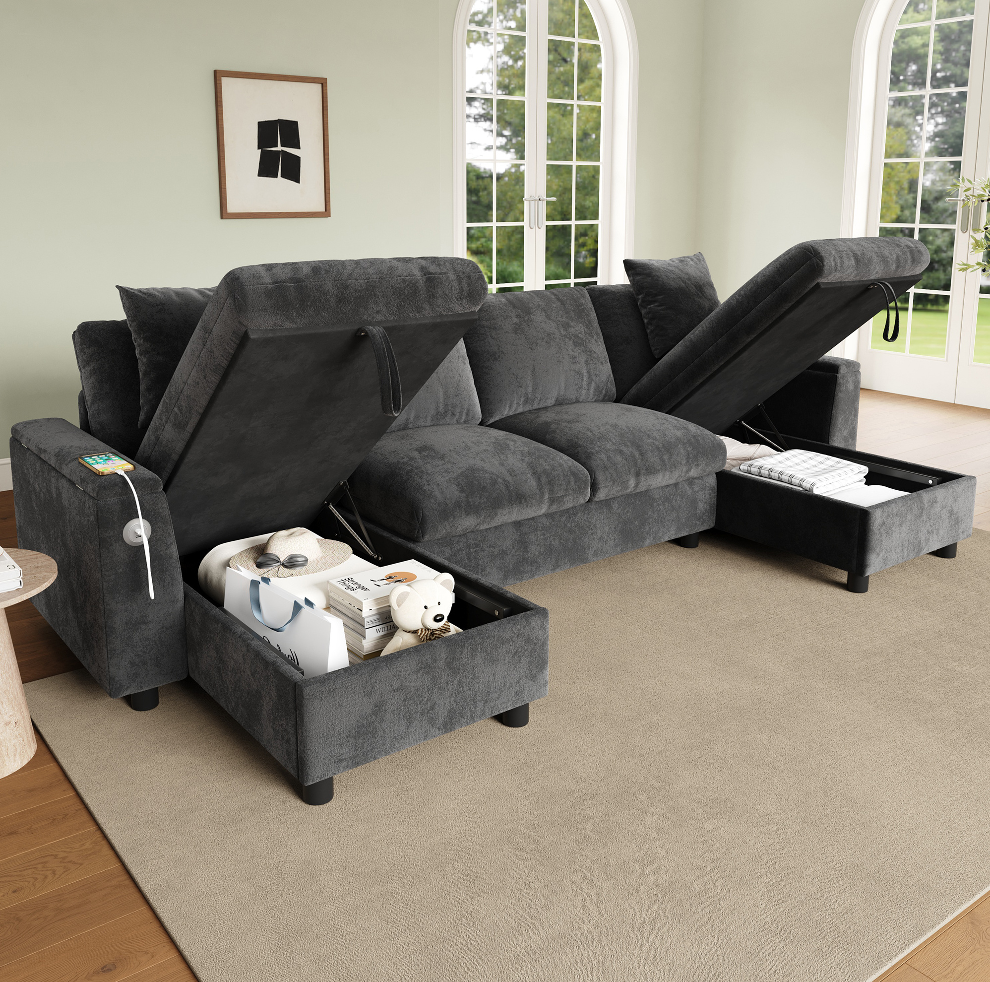 Canapé D'angle U En Tissu Chenille Gris Avec Rangement, Usb Et Usb-c, 284 X 135 X 84 Cm
