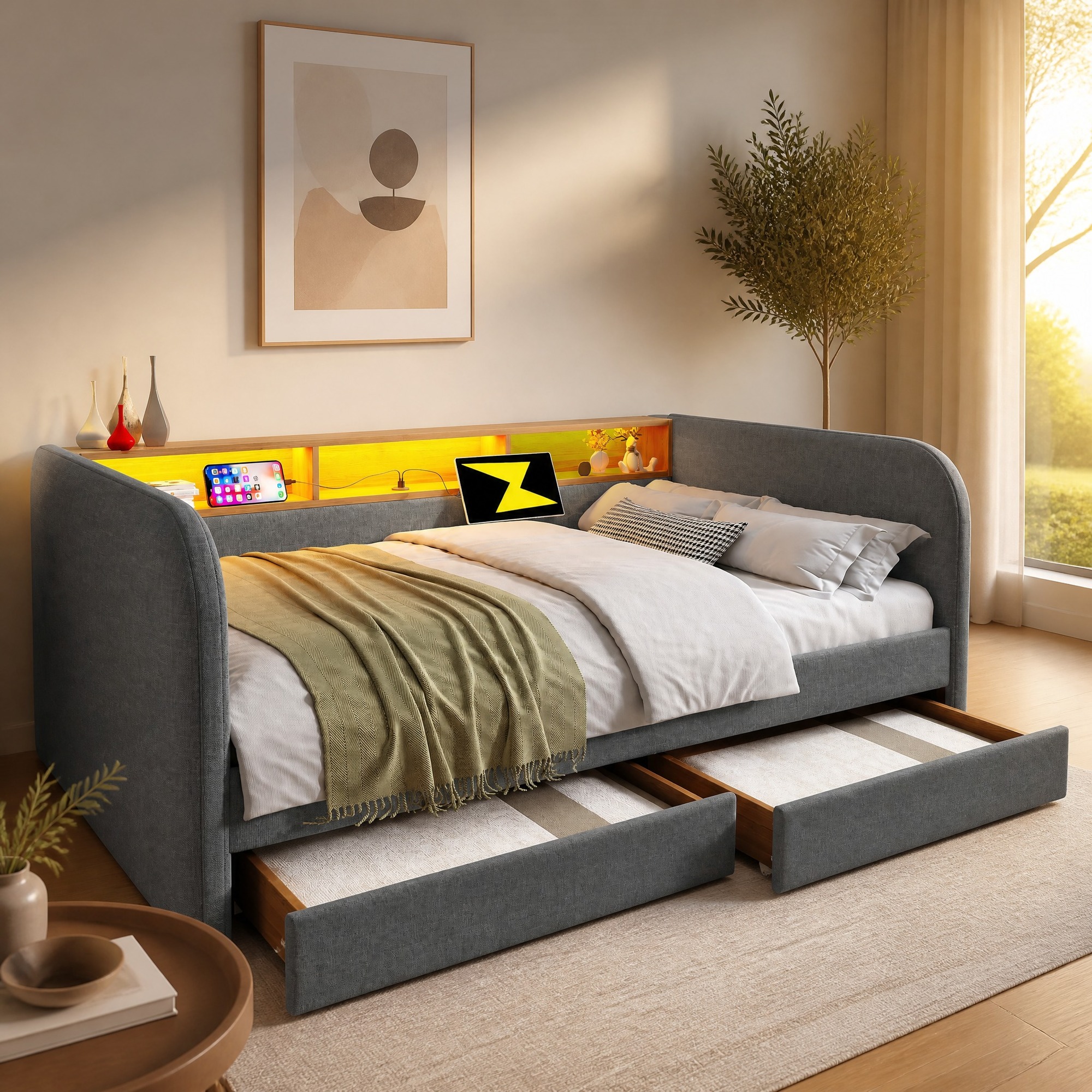 Lit Rembourré 140x190 Cm Avec Led, Usb-c, 2 Tiroirs Et Tête De Lit De Rangement, Gris