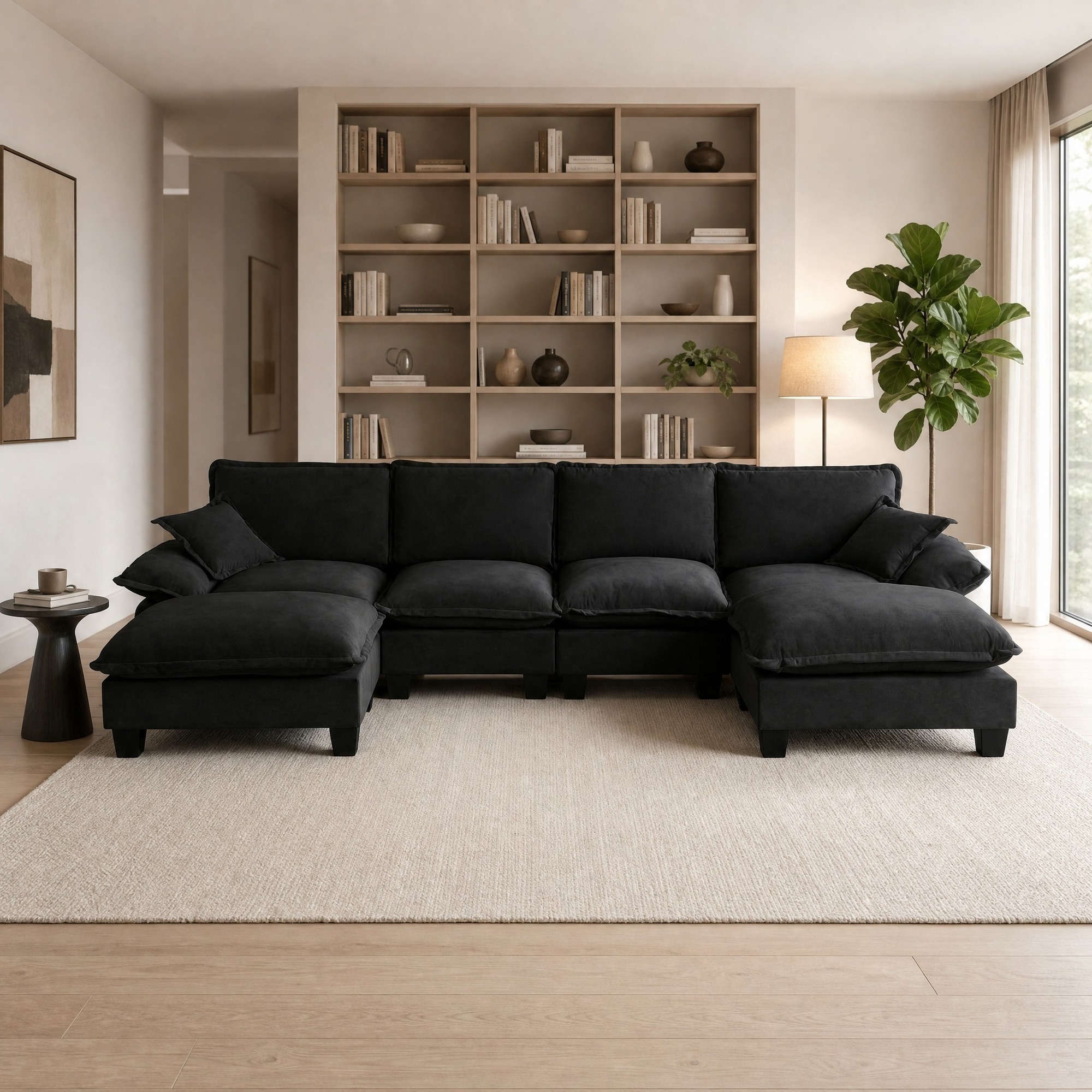 Canapé D'angle Modulaire U En Chenille Noire 334 X 155 X 90 Cm, 6 Places, Redom