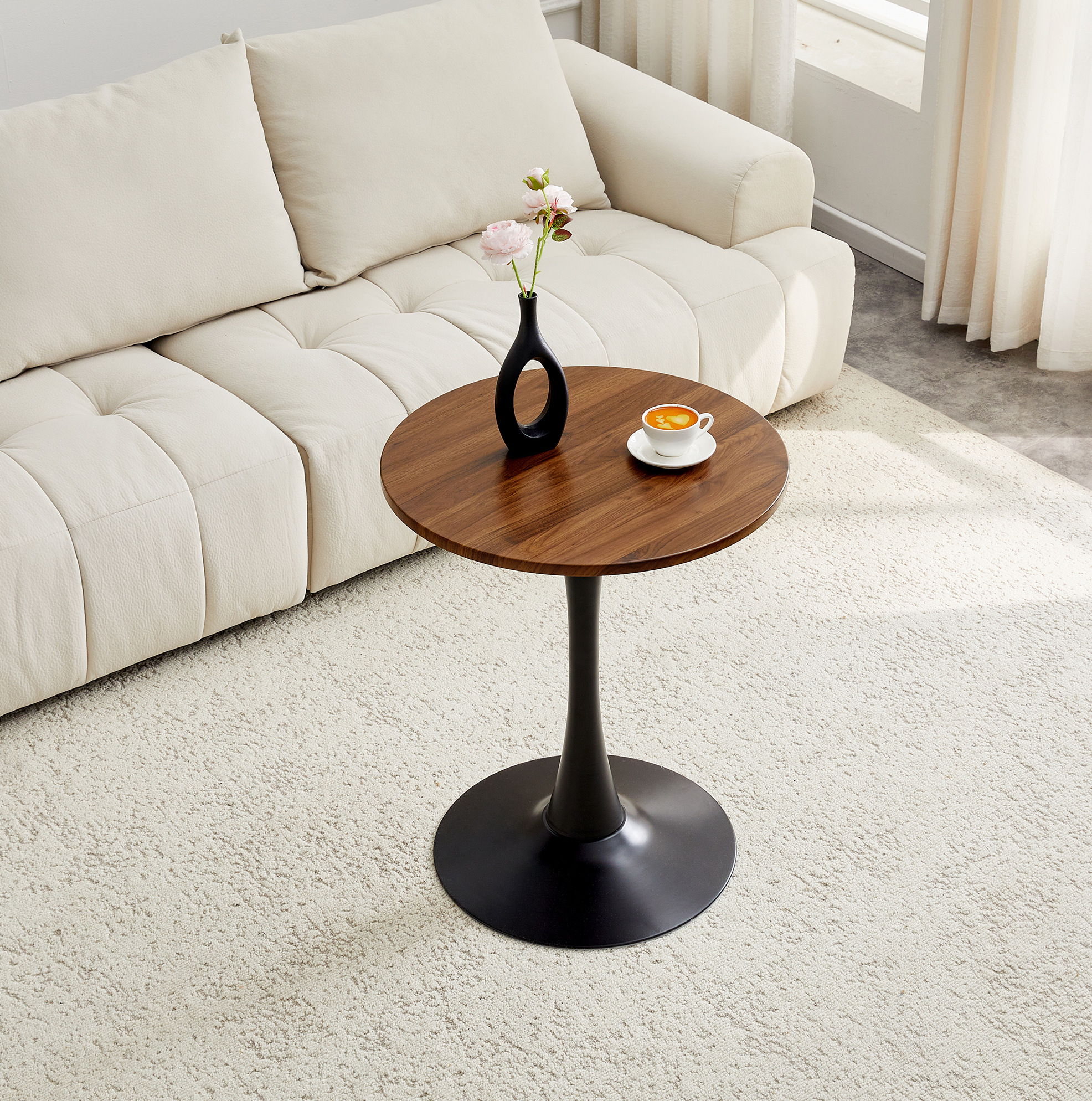 Redom - Table D'Appoint Ronde, Style Mid Century, Pied Central Stable, Mdf Et Métal Noir Noyer