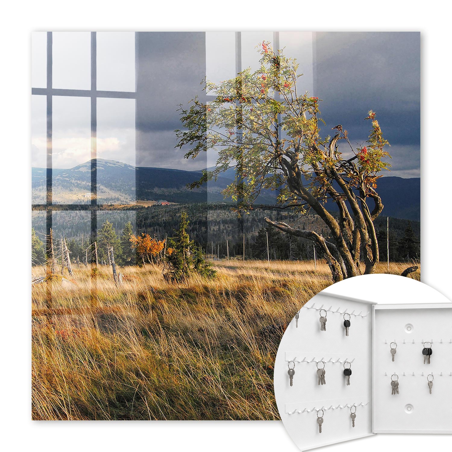 Armoire À Clés - (30 Cm X 30 Cm) - Boîte À Clés Murale - Coffret De Rangement Pour Clés - Couleur Blanche - Ouverture Vers La Gauche - Pour Maison Et Bureau - Paysage D'Automne