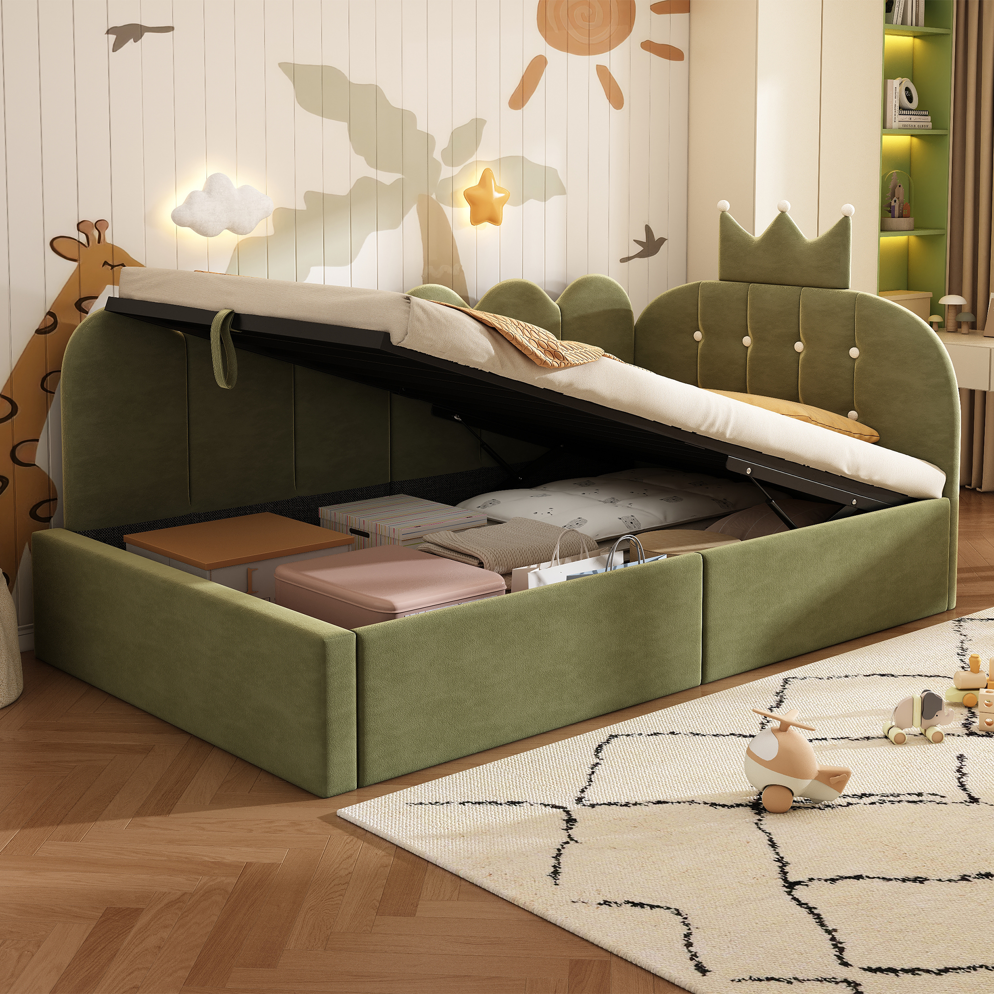 Redom Lit Simple 90x190 Cm Avec Rangement Hydraulique En Velours Vert (sans Matelas)