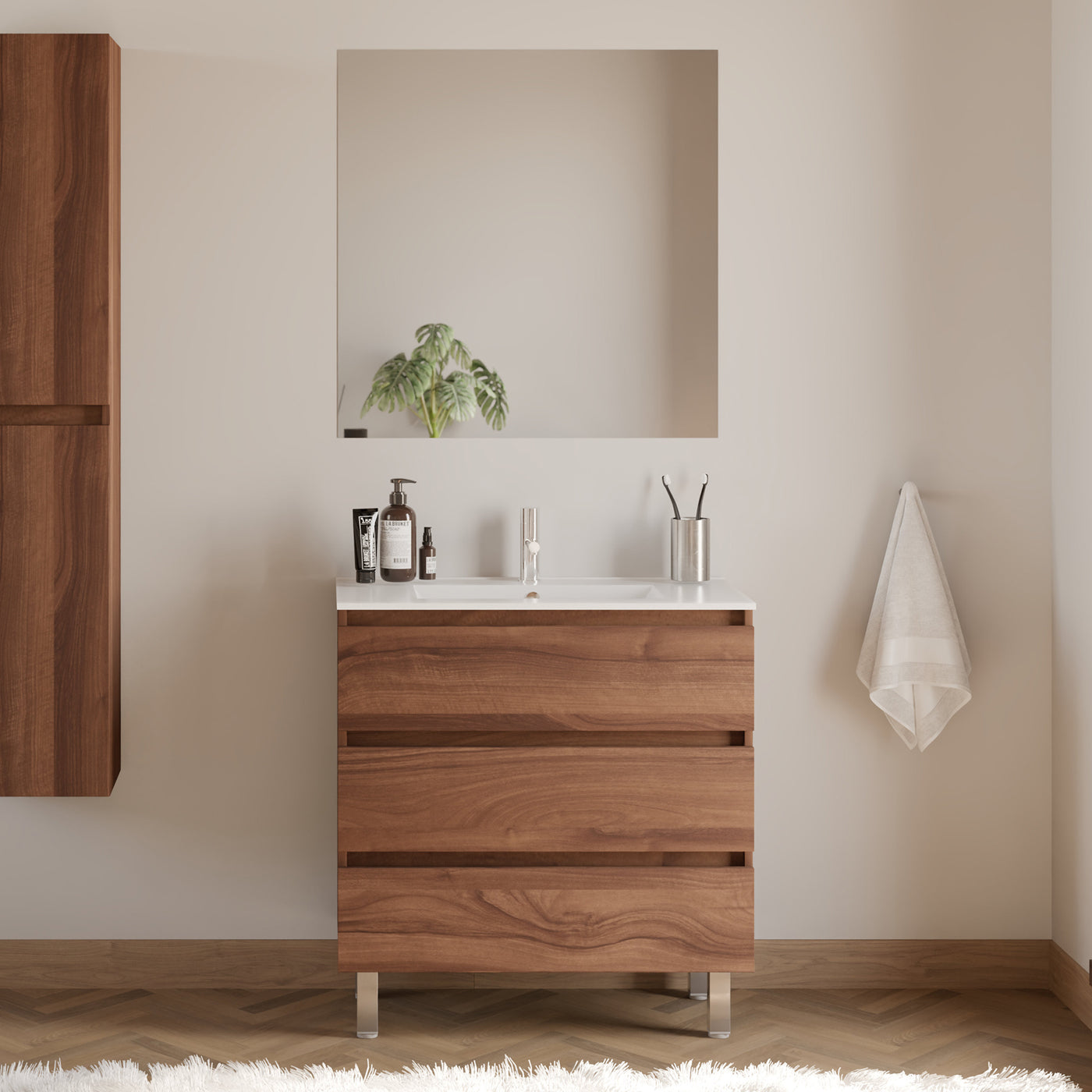 Meuble De Salle De Bain 80cm Simple Vasque - 3 Tiroirs - Noyer (bois Foncé) - Mayor