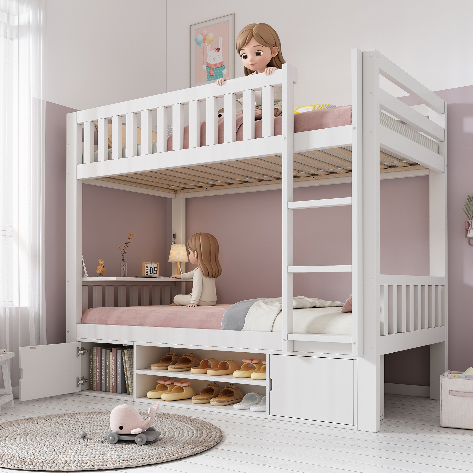 Redom Lit Superposé 90x200 Cm Avec Table Pliante Et Rangement À Chaussures En Bois Blanc (sans Matelas)