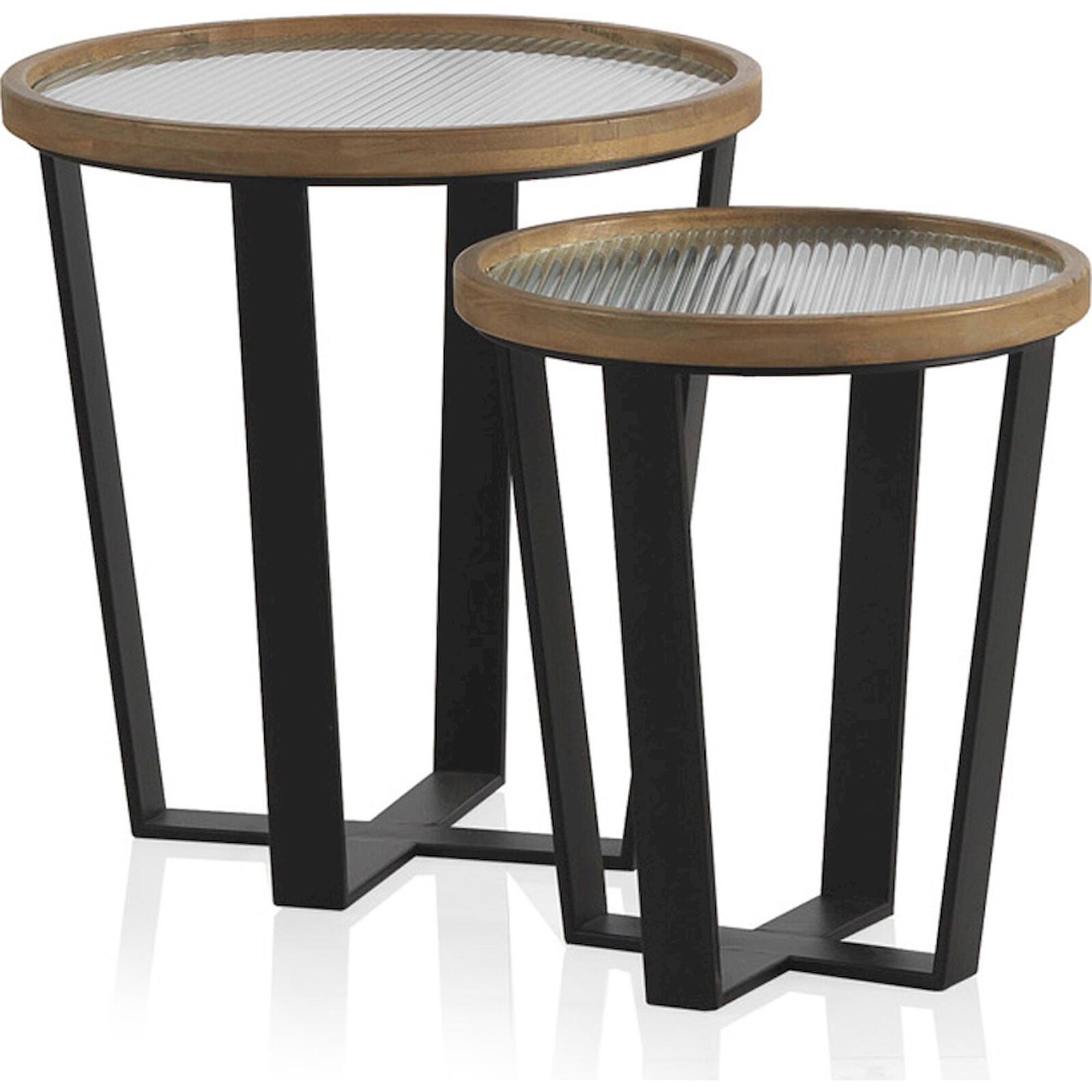 X2 Tables Basses Ronde En Bois Et Métal Avec Plateau En Verre Trempé - Noir Bois Naturel Verre Transparent