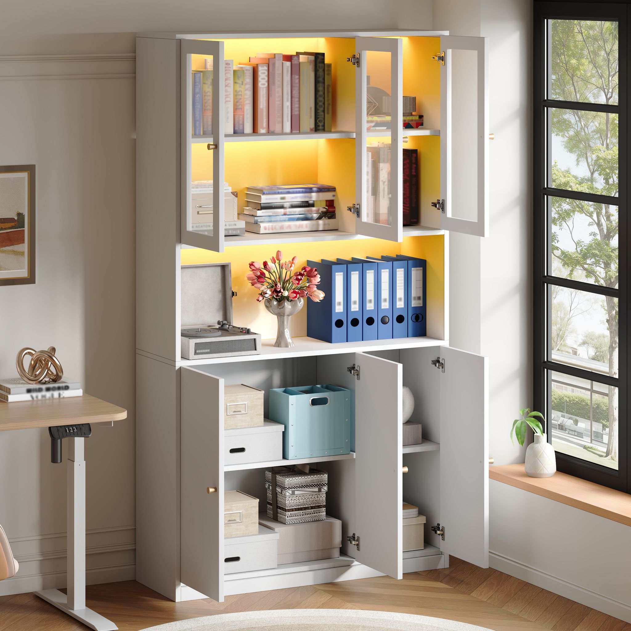Redom Bibliothèque Meuble 100x35x200 Cm, Vitrine En Verre Avec Led, Niche Ouverte Avec Passe Câbles, Mdf Blanc