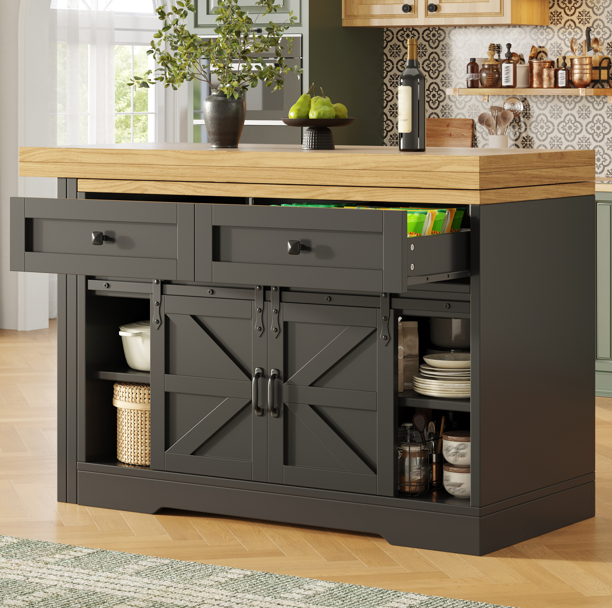 Îlot De Cuisine 2-en-1 Avec Table Extensible, Armoire Latérale, Mdf Noir, 120 Cm