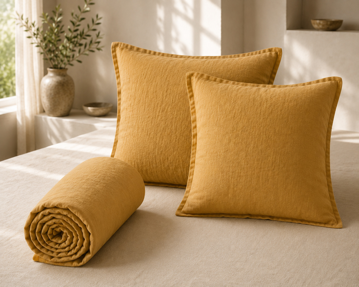 Parure Drap Housse 140 X 190 Cm + 2 Taies 60x60 Cm 100% Lin Français - Miel