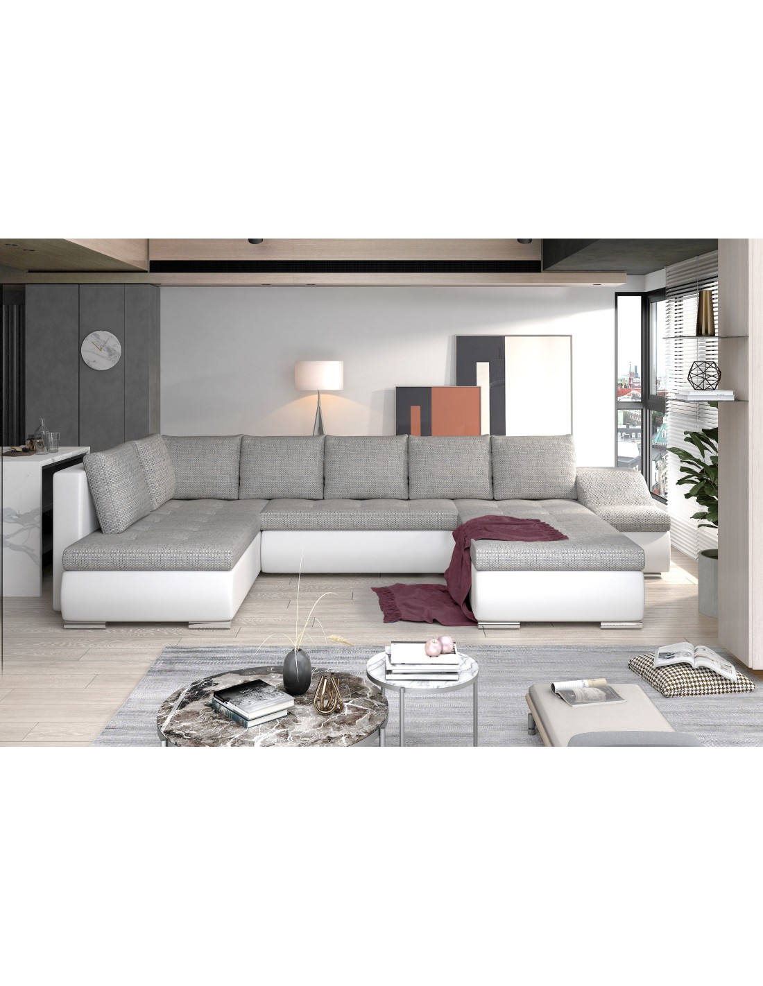 Canapé Panoramique Gyovani Gris Et Blanc Angle Droit Convertible Avec Têtières