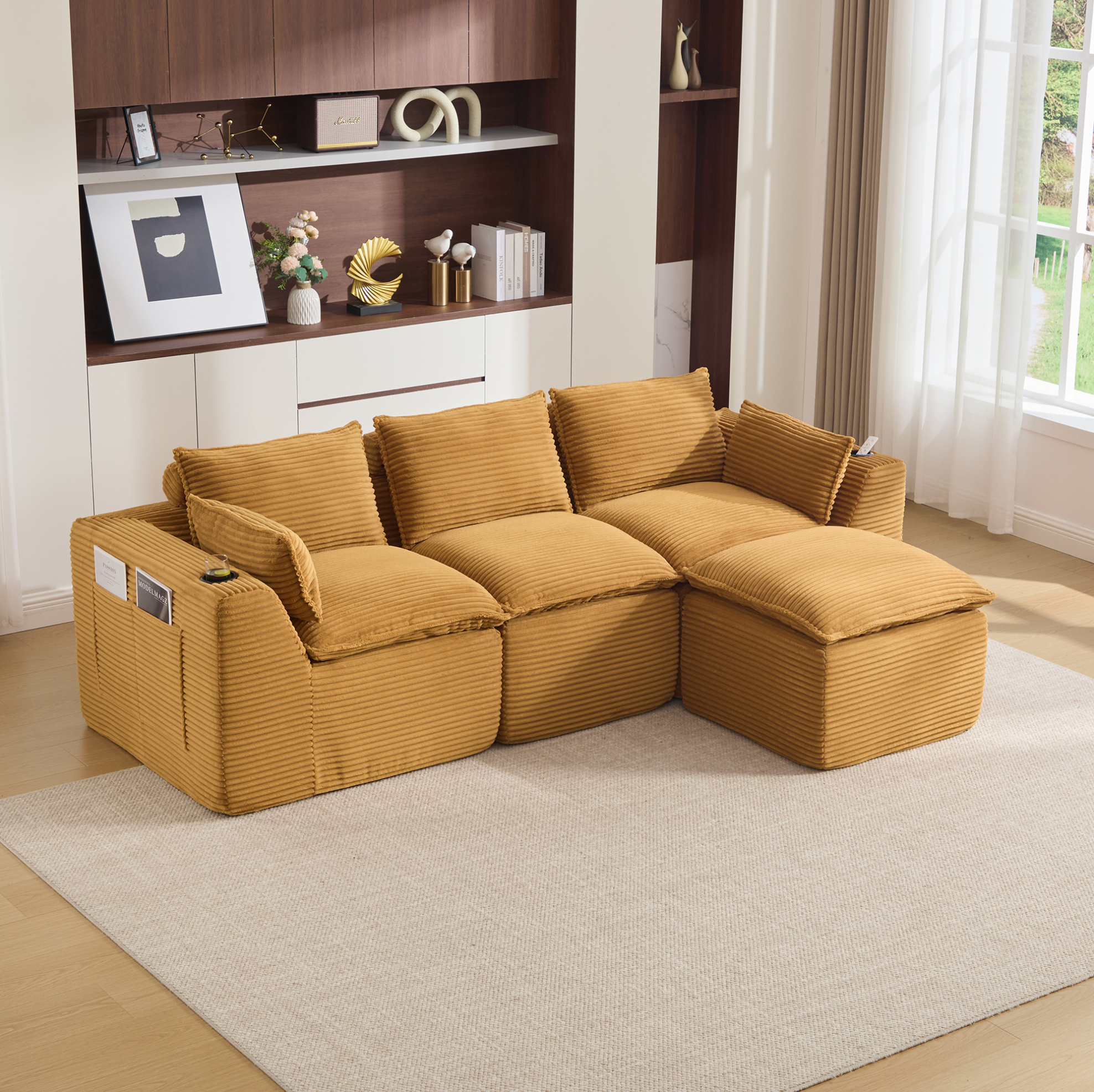 Redom - Canapé Modulaire 256x161x75 Cm, Repose Pieds Inclus, Poches Latérales, Coussins Inclus, Corduroy Orange