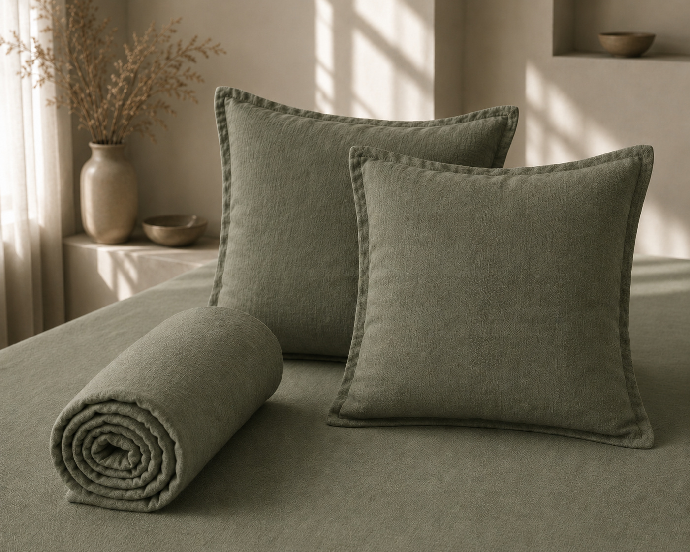 Parure Drap Housse 140 X 190 Cm + 2 Taies 60x60 Cm 100% Lin Français - Thym