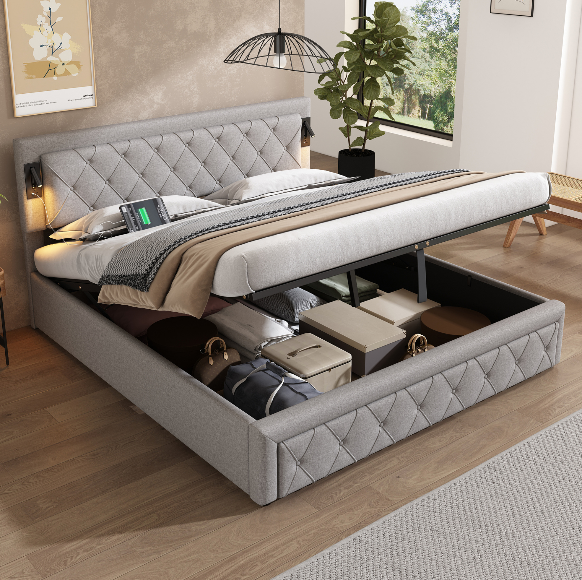 Redom - Lit Double 180x200 Cm Avec Rangement, Éclairage Led Et Ports Usb, Tête De Lit Capitonnée À Motif Losange, Lin Gris