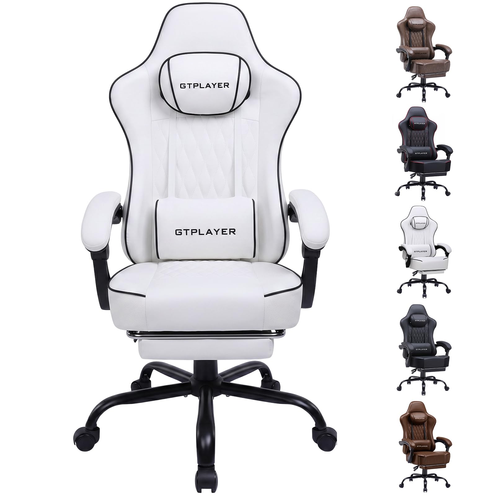 Chaise Gaming Ergonomique, Synchrone, Accoudoirs Réglables, Coussins Lombaire/tête, Siège Épais Tissu - Blanc