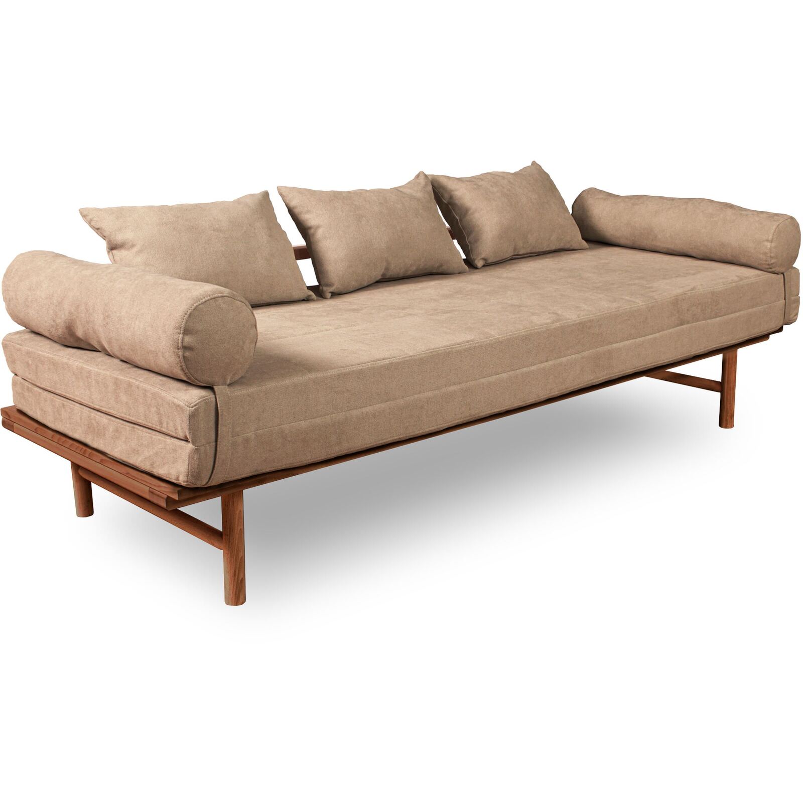 Canapé Lit Convertible Design En Tissu Beige Et Bois - 140 X 200 Cm - Bois Clair Et Beige