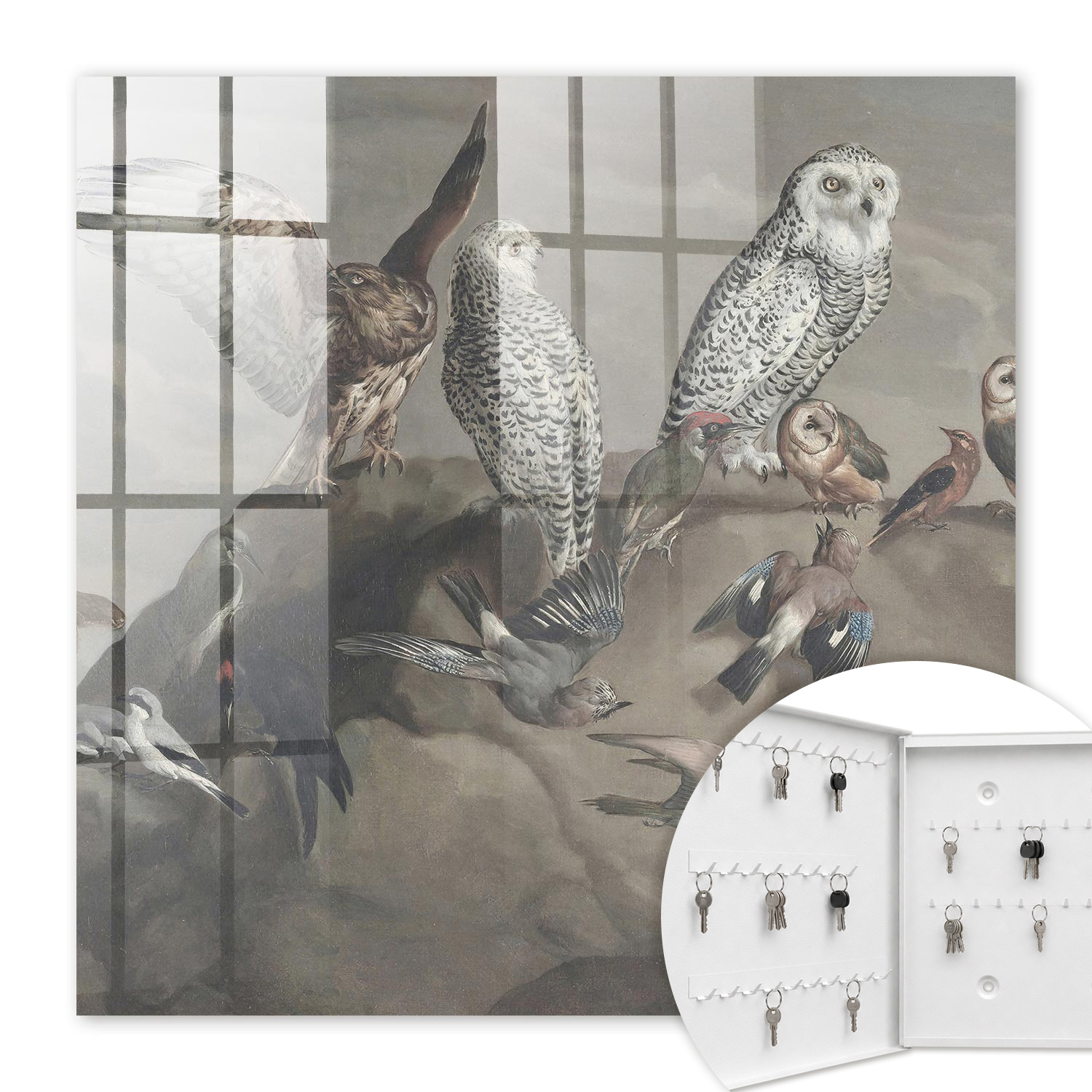 Armoire À Clés - (30 Cm X 30 Cm) - Boîte À Clés Murale - Coffret De Rangement Pour Clés - Couleur Blanche - Ouverture Vers La Gauche - Pour Maison Et Bureau - Oiseaux Sur Un Rocher