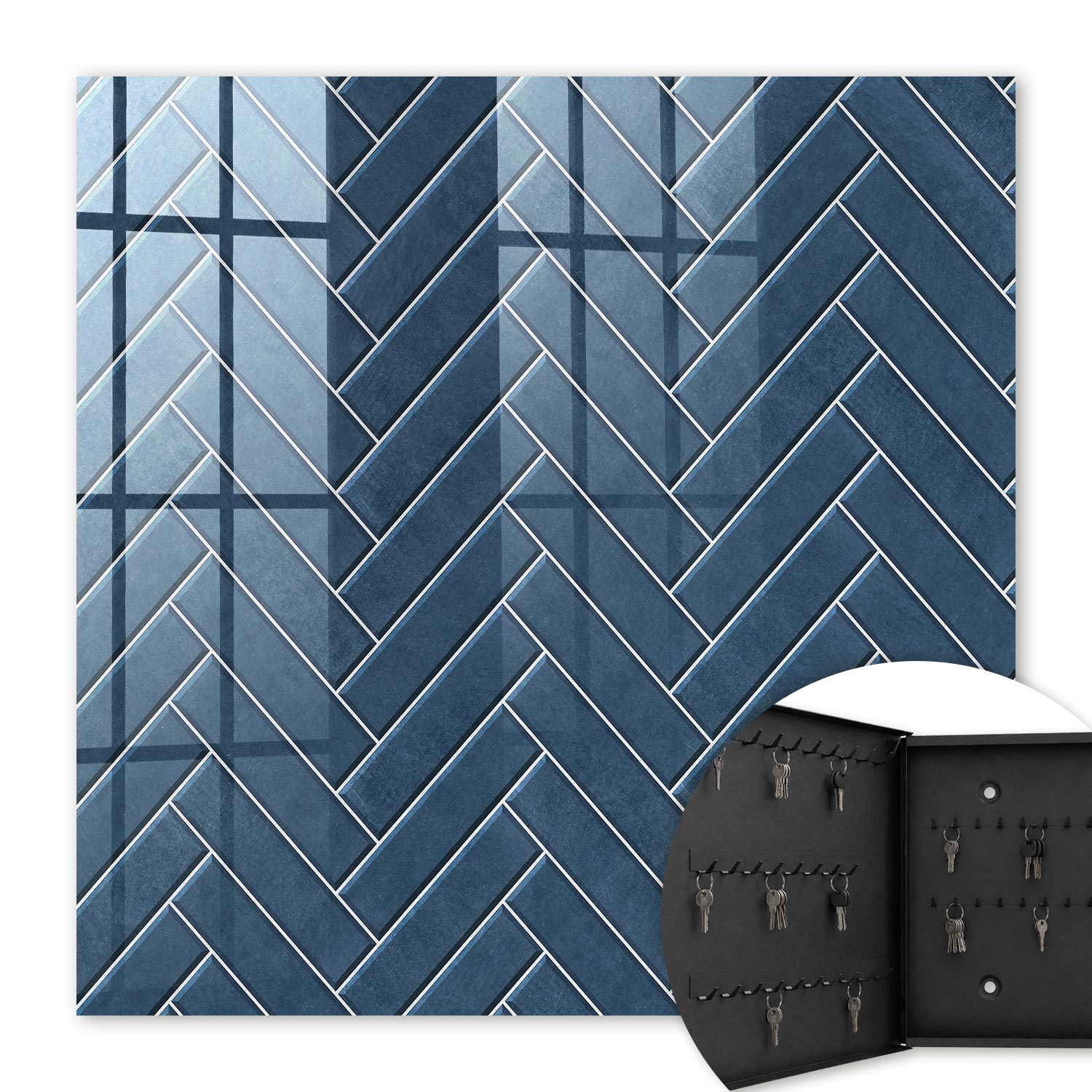 Armoire À Clés - (30 Cm X 30 Cm) - Boîte À Clés Murale - Coffret De Rangement Pour Clés - Couleur Noire - Ouverture Vers La Gauche - Pour Maison Et Bureau - Bleu Marine À Chevrons