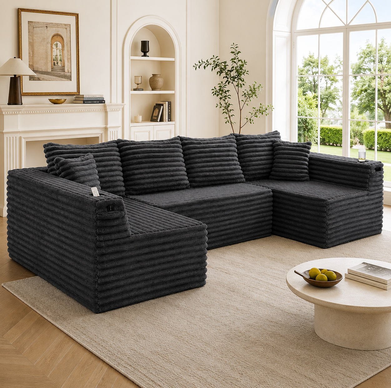 Canapé D'angle U En Corduroy Gris Foncé Avec Porte-gobelets, Poches Et Coussins Redom