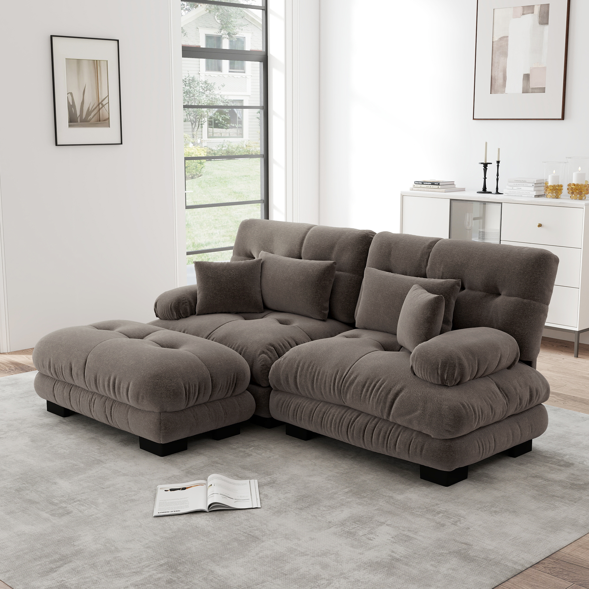 Redom Canapé 2 Places Modulaire Avec Ottomans Mobiles, Accoudoirs Rembourrés, Coussins Lombaires Et Décoratifs, Chenille Marron