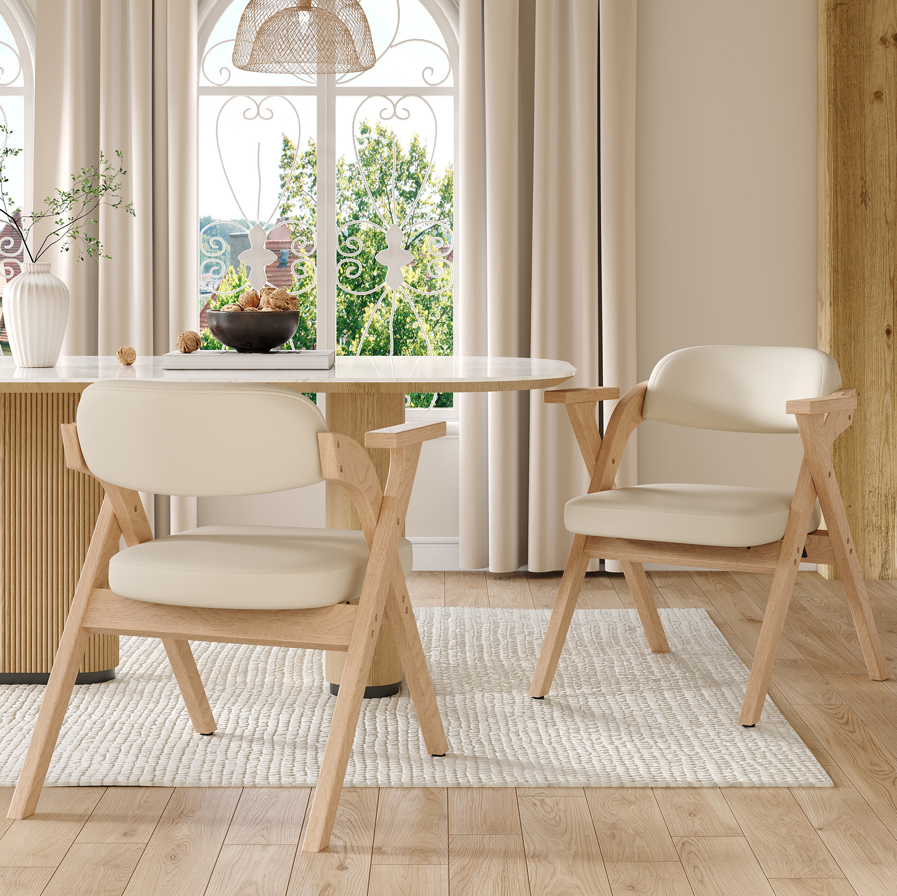 Redom Lot De 2 Chaises De Salle À Manger Pliantes, Accoudoirs Ergonomiques, Coussin En Lin, Structure En Bois Massif Beige