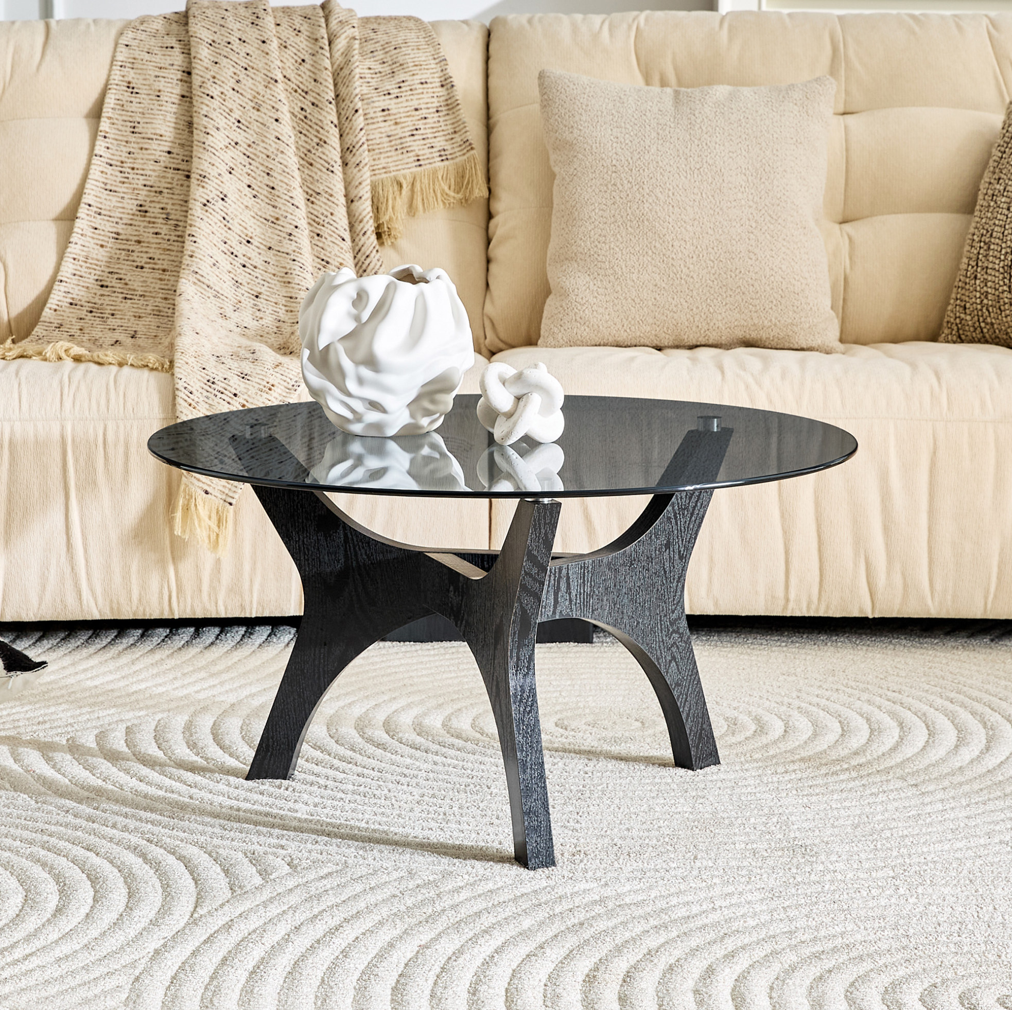 Table Basse Ronde En Verre 80 Cm Avec Cadre Noir En Mdf, Style Moderne