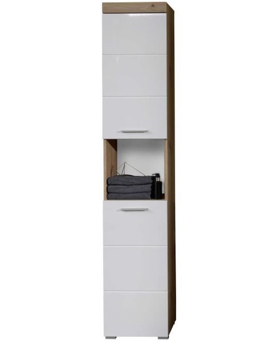 Amanda - Meuble De Salle De Bain Mélaminé - Meuble Colonne. Blanc/chêne Brillant. L/h/p: 37 / 190 / 31 Cm