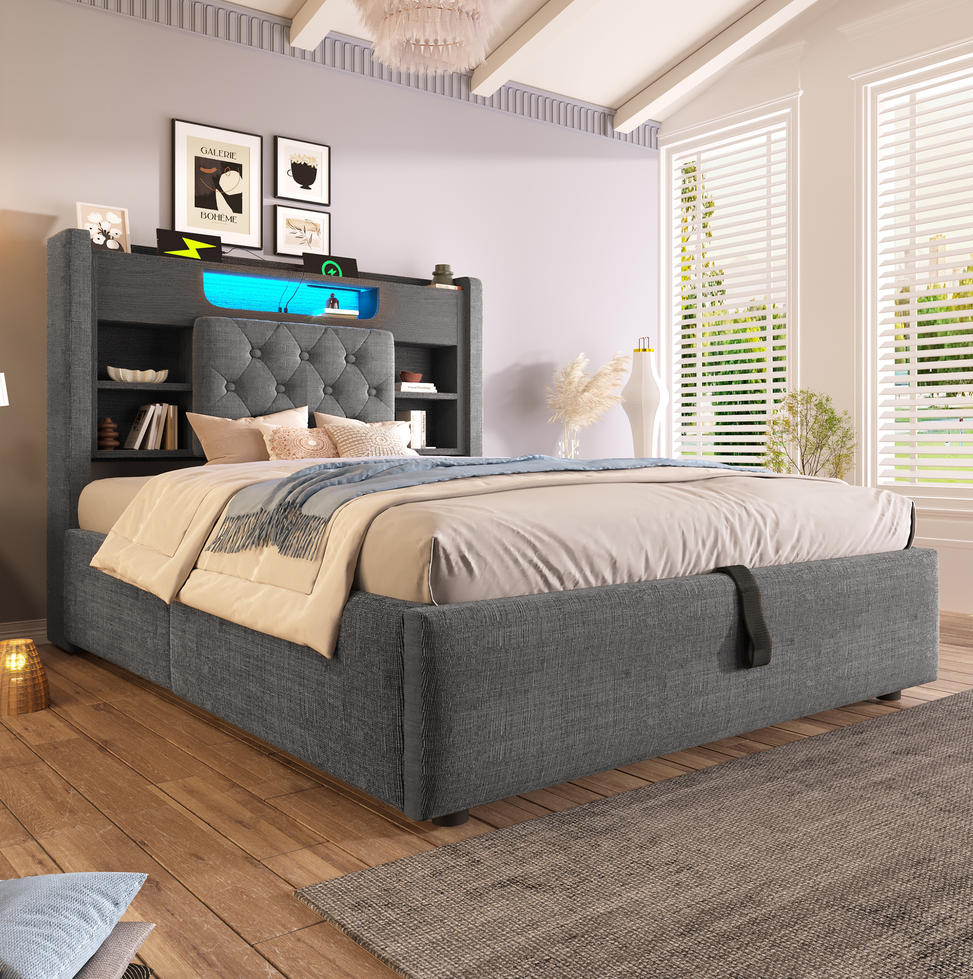 Lit Coffre 90 X 200 Cm Avec Led, Ports Usb/usb-c, Tête De Lit Rangement, Tissu Gris