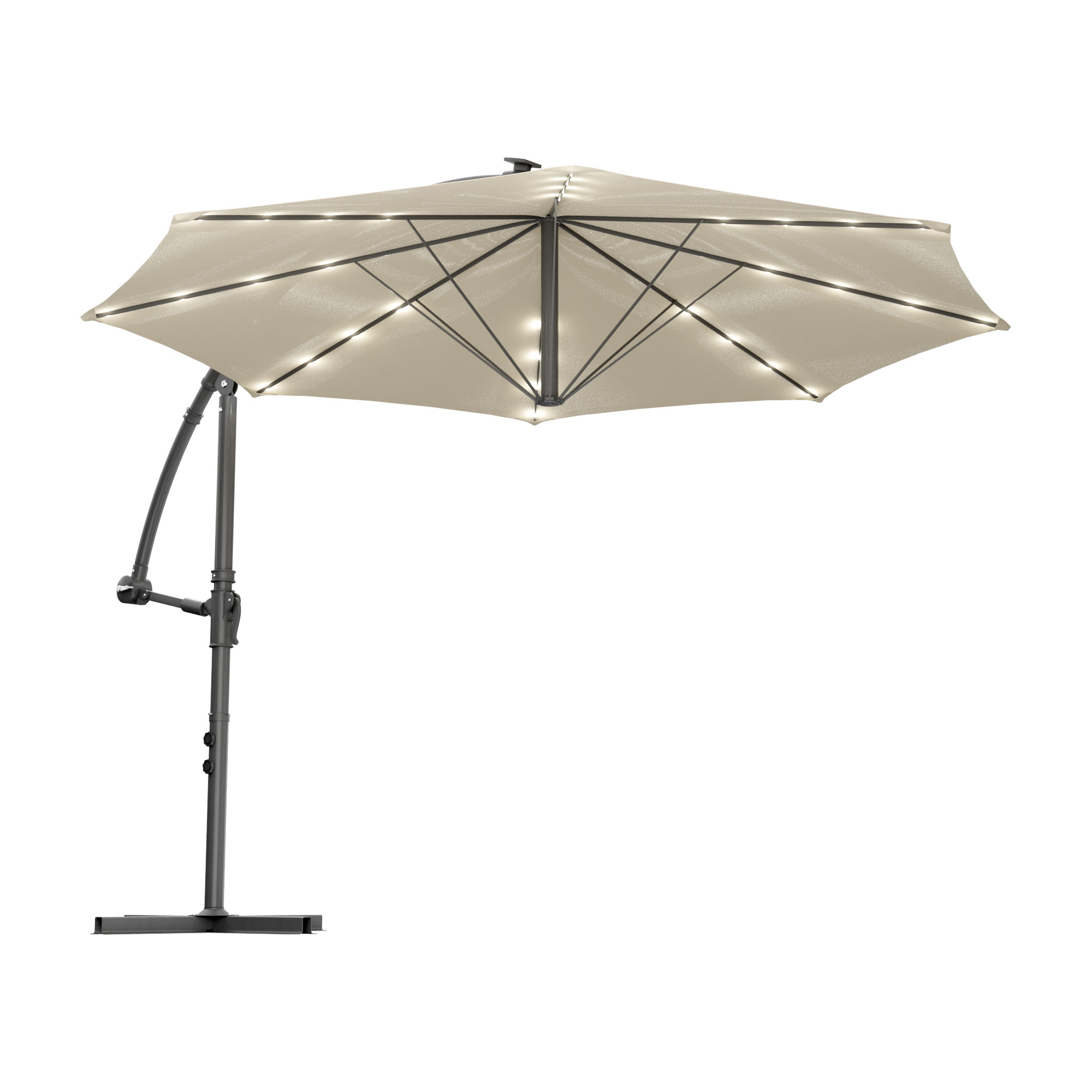 Solomoon - Parasol Déporté De Jardin Ø 350 Cm Avec 32 Led À Énergie Solaire Avec Manivelle En Acier Beige