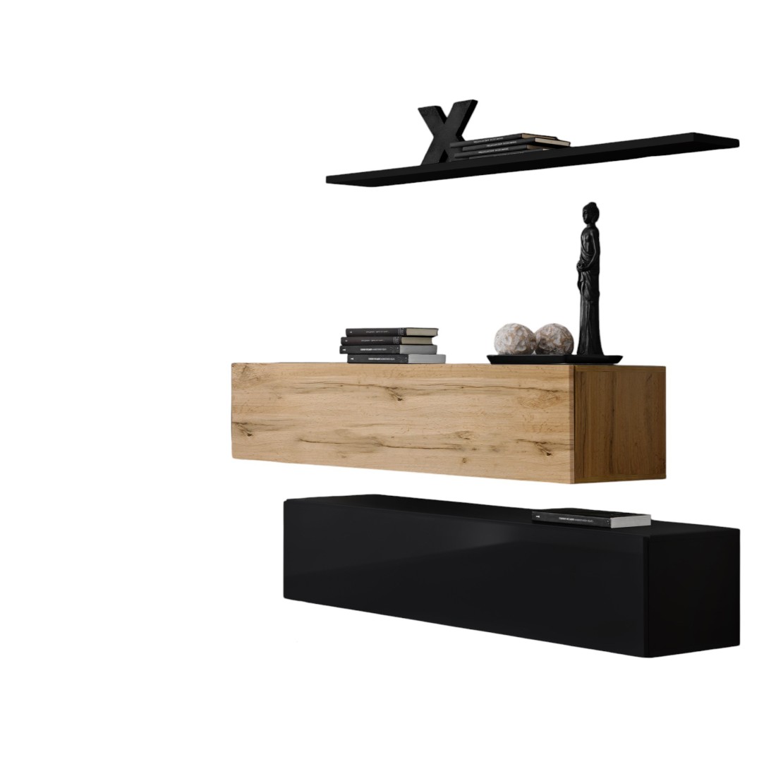 Meublorama - Ensemble Meubles De Salon Switch Sbii Design, Coloris Noir Brillant Et Chêne Wotan.