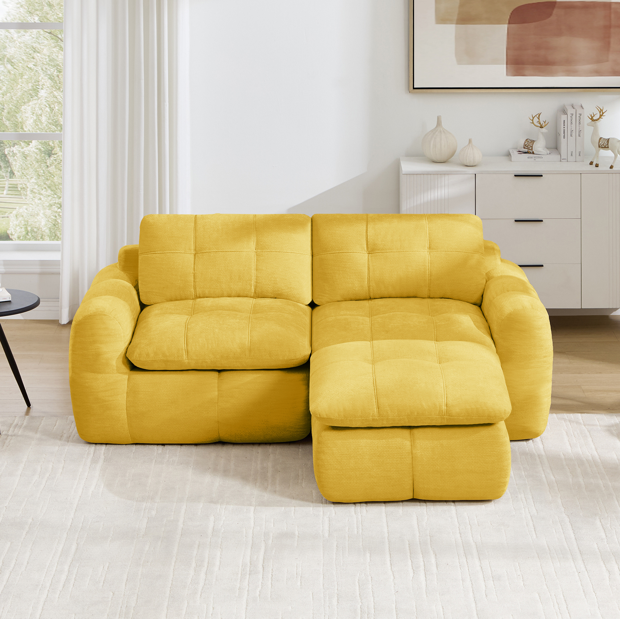 Canapé Modulaire D'angle 2 Places Avec Ottoman, Chenille Jaune, Sans Montage, 194 X 160 X 68 Cm