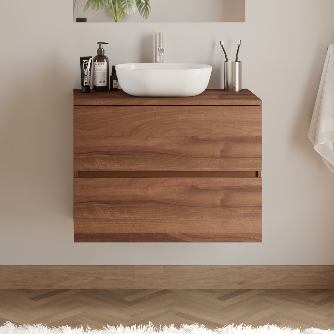 Meuble De Salle De Bain 60cm Avec Plateau Et Vasque À Poser Arrondie - 2 Tiroirs - Sans Miroir - Noyer (bois Foncé) - Ida