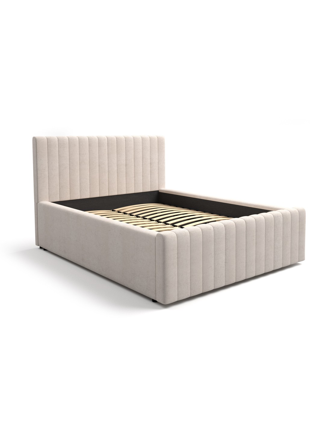 Lit Double Eloria 160x200 En Tissu Bouclé Beige Avec Tête De Lit Capitonnée Et Sommier Inclus