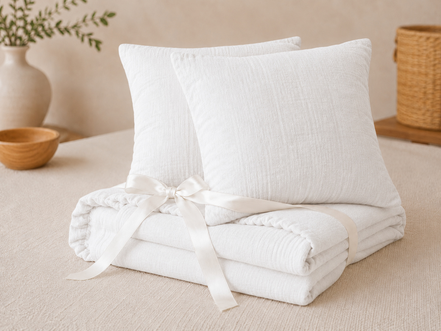 Pack Drap Housse 140 X 190 Cm + 2 Taies D'oreiller 60 X 60 Cm Double Gaze De Coton Gaïa Blanc