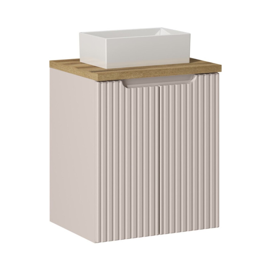 Ensemble Vano Cachemire Et Chêne 50cm: Meuble Sous Vasque À Placards + Plan Pour Vasque + Vasque À Poser Rectangulaire