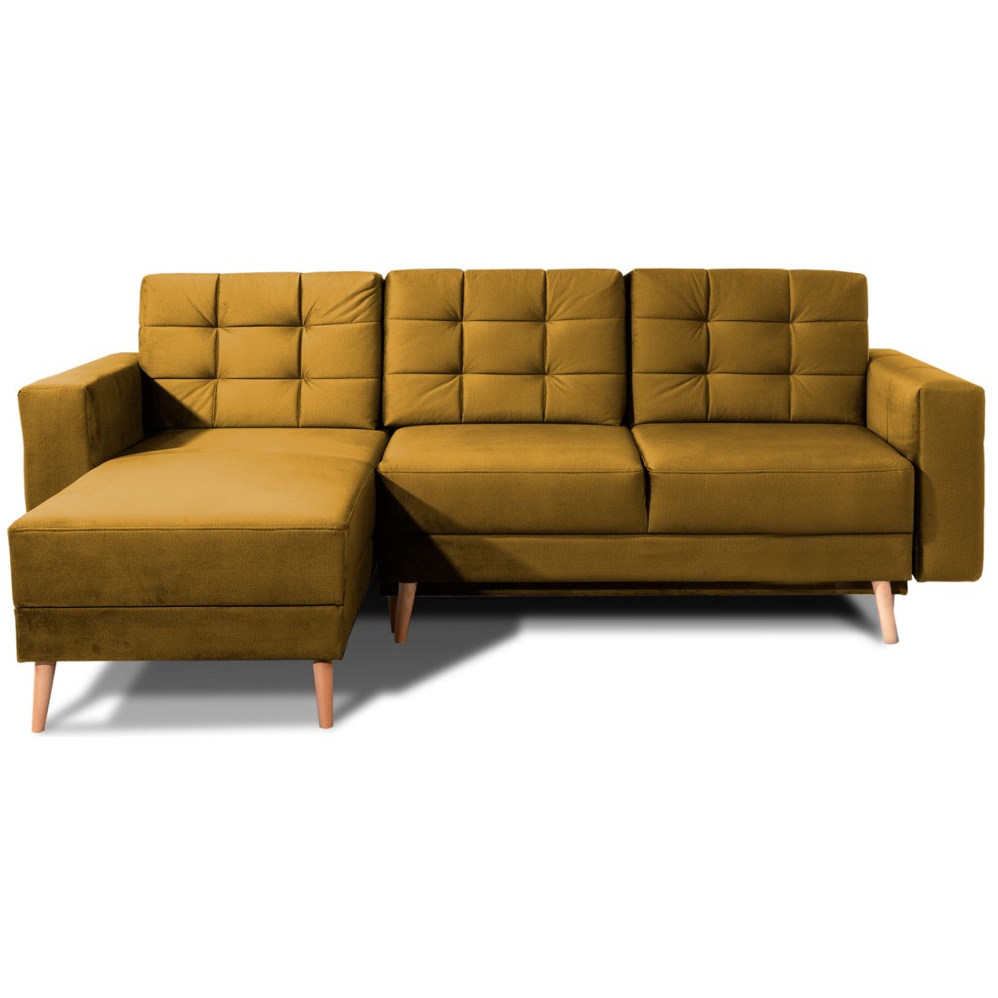 Canapé D'Angle Convertible Hasgard 3 Places Jaune 248x162 Cm - Coffre Et Pieds Bois