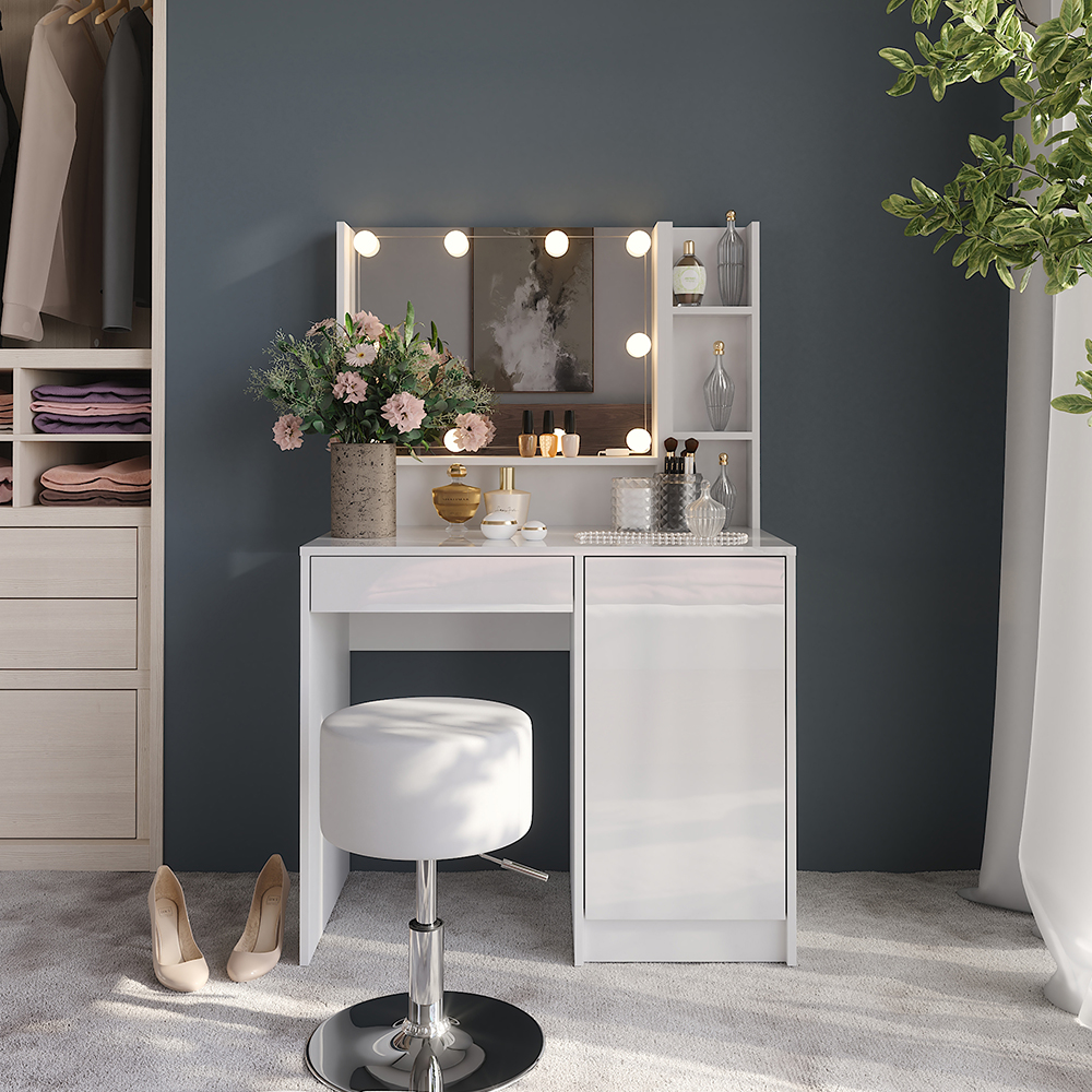 Coiffeuse Sherry, Blanc/blanc Haute Brillance, 89.8cm Avec Miroir Et Tabouret, Vicco