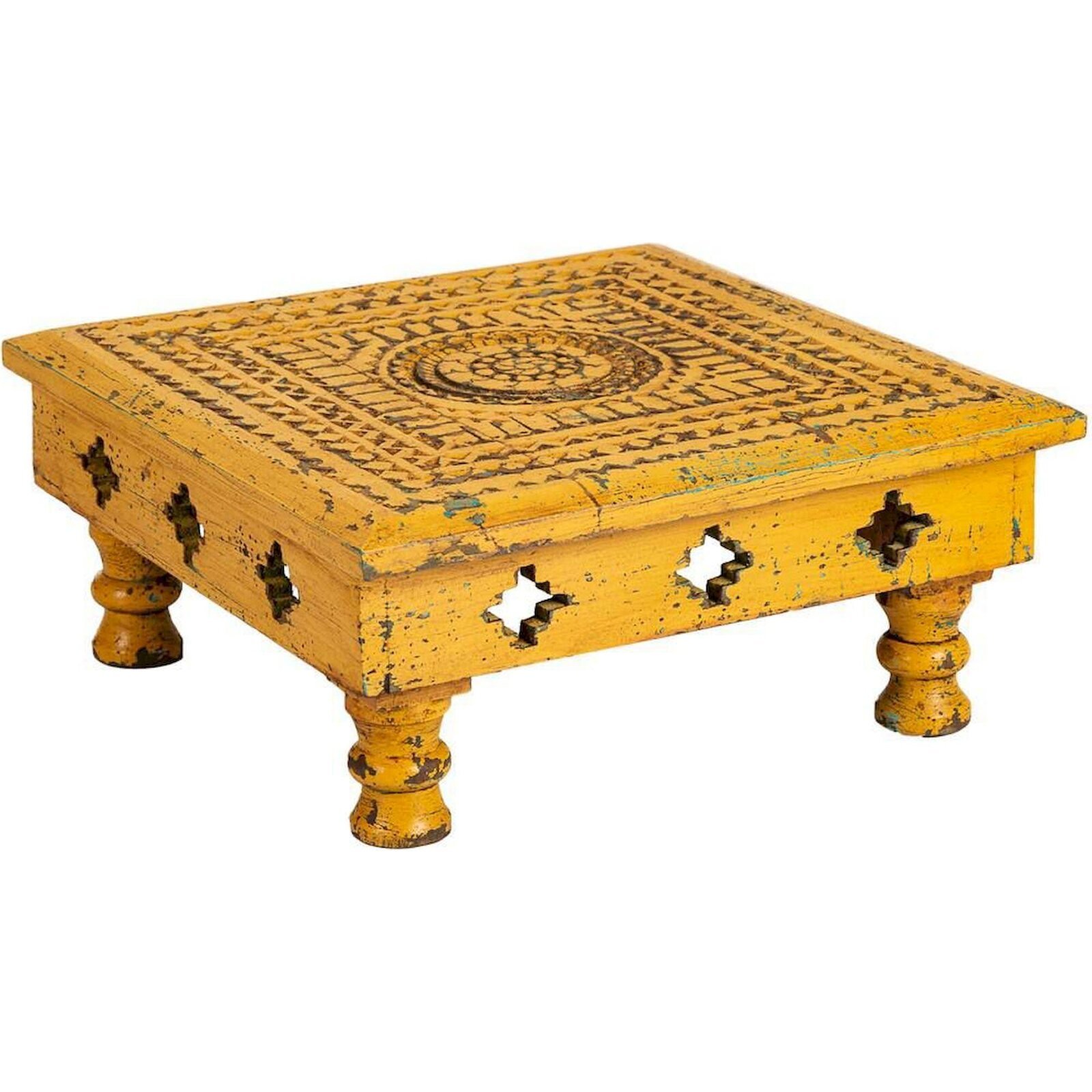 Table Basse Sculptée En Bois De Manguier Finition Artisanale - Jaune Patiné Bois De Manguier Sculpté