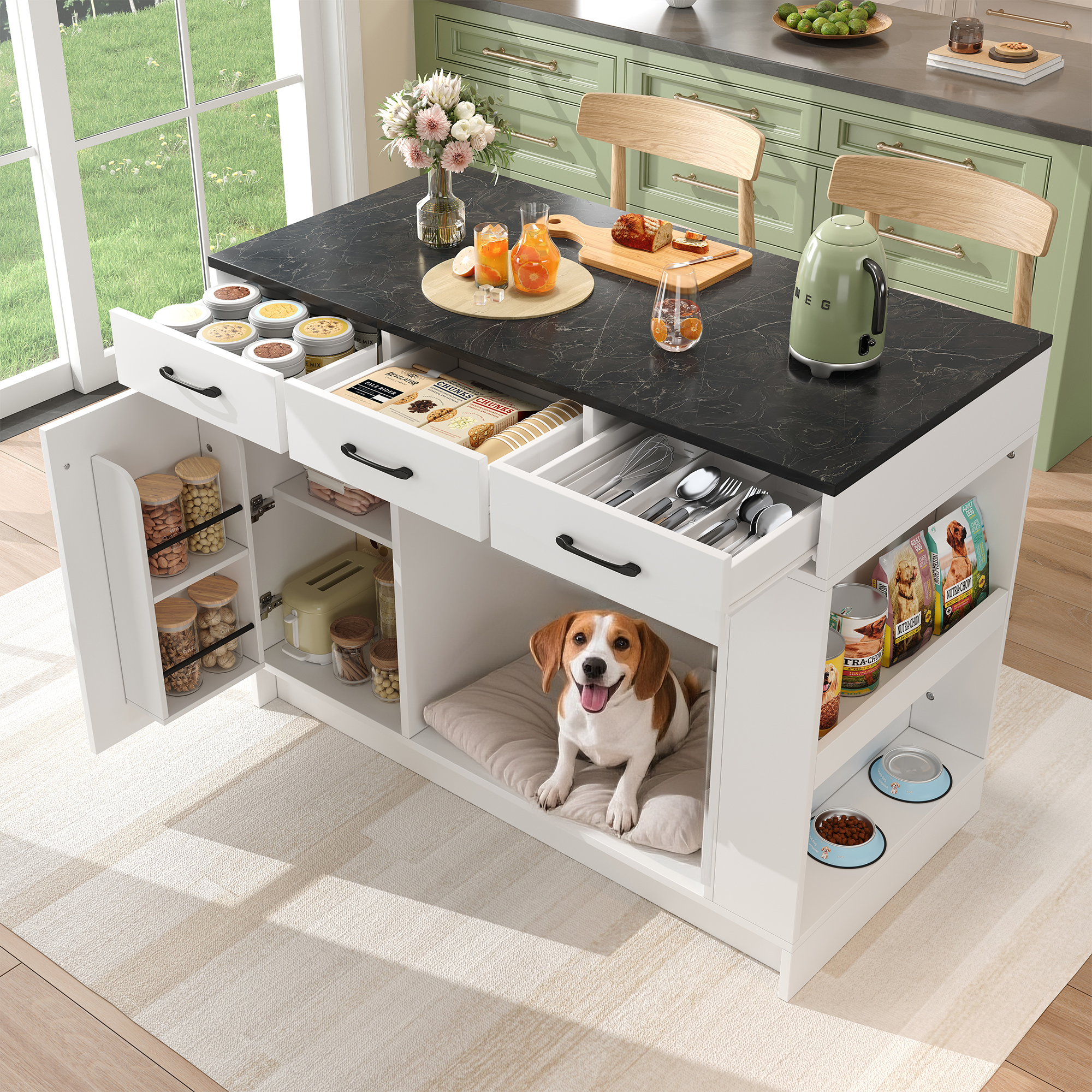 Redom Desserte De Cuisine 120x60x90 Cm, 3 Tiroirs, Étagère À Épices, Tablette Réglable, Niche Pour Animal, Mdf Blanc