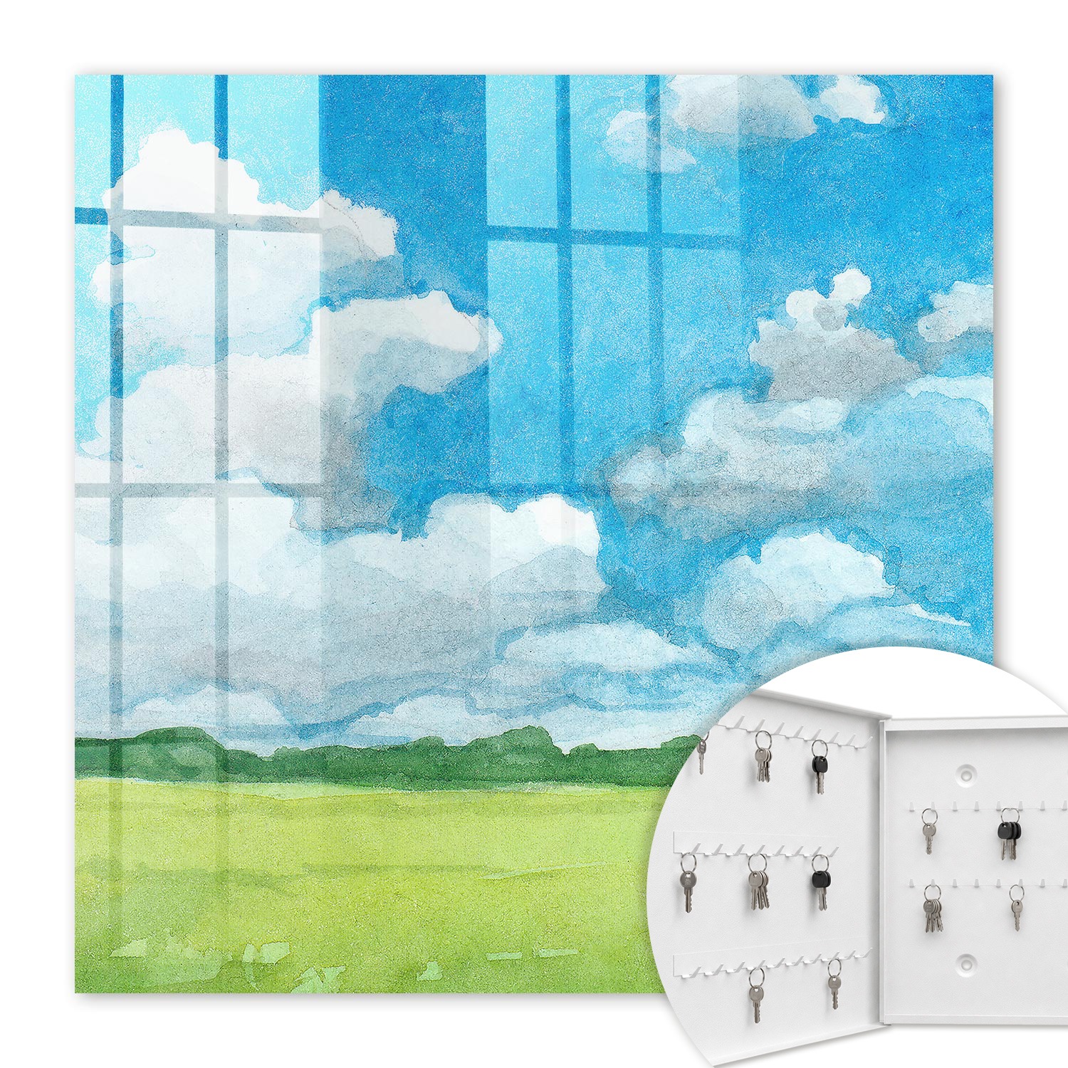Armoire À Clés - (30 Cm X 30 Cm) - Boîte À Clés Murale - Coffret De Rangement Pour Clés - Couleur Blanche - Ouverture Vers La Gauche - Pour Maison Et Bureau - Paysage D'Été
