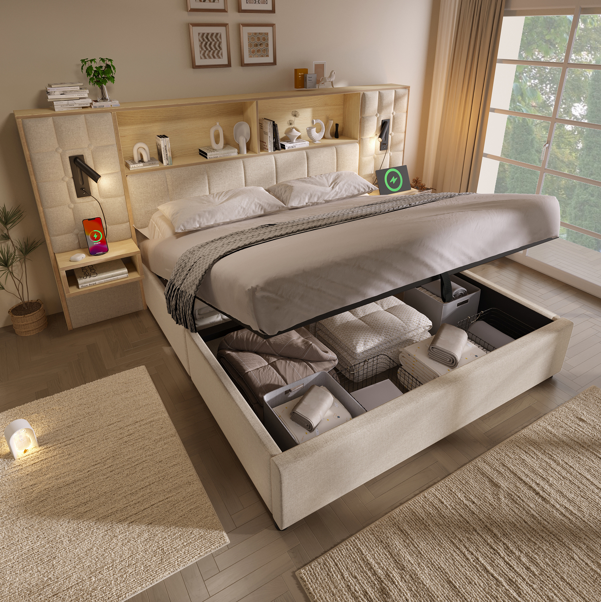Lit Coffre Rembourré 180x200 Cm Beige Avec Led, 2 Lampes, 2 Tables De Nuit Et Usb-c