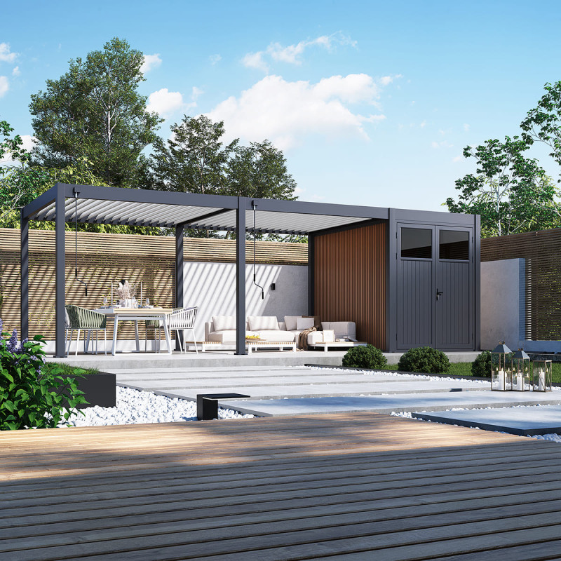 Ombrea - Abri De Piscine 24m² - Pergola Bioclimatique En Aluminium 3x6m - Abri De Rangement En Bois Composite 3x2m - Résistance Vent 100 Km/h